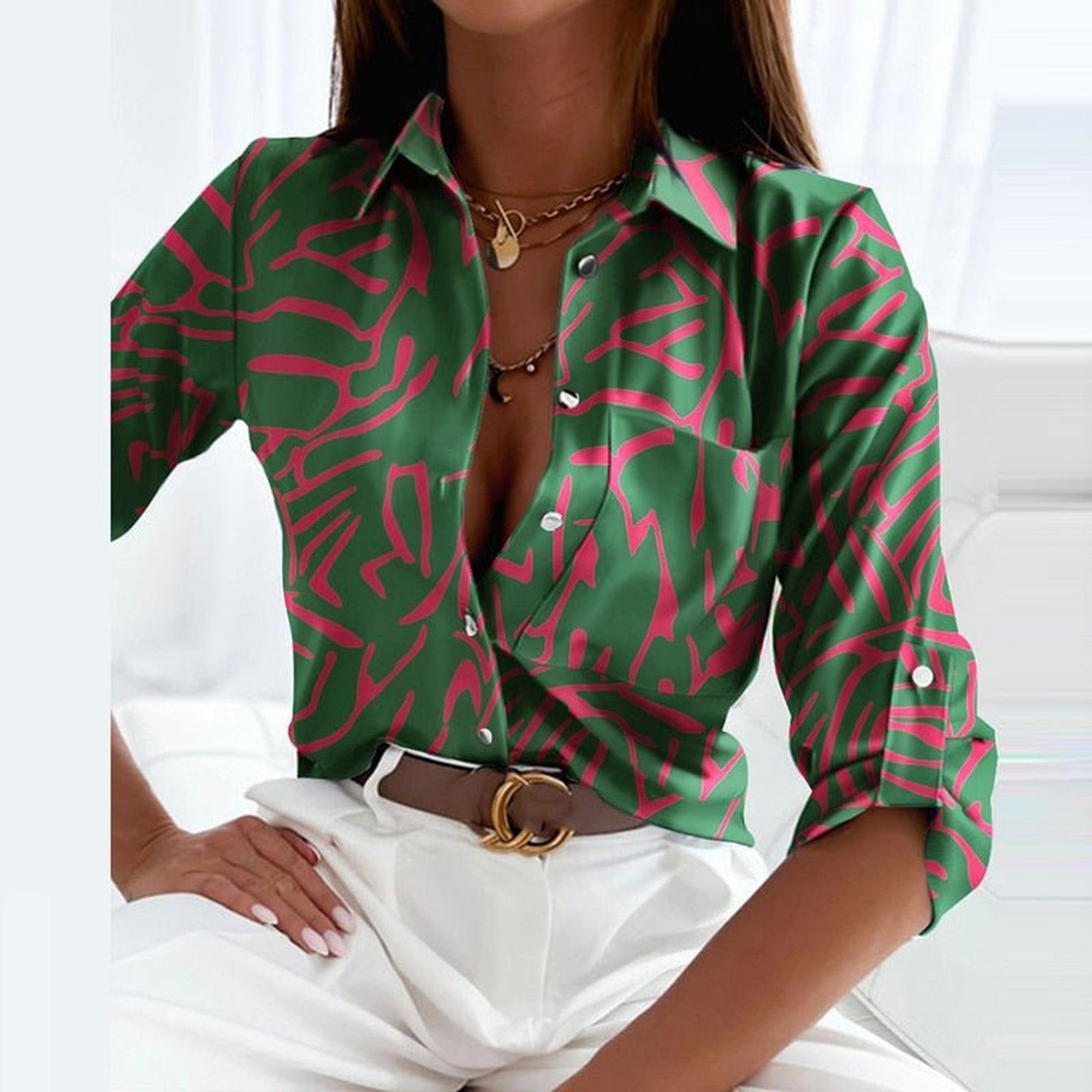 Sofia | Classic Collared Printed Blouse - Green