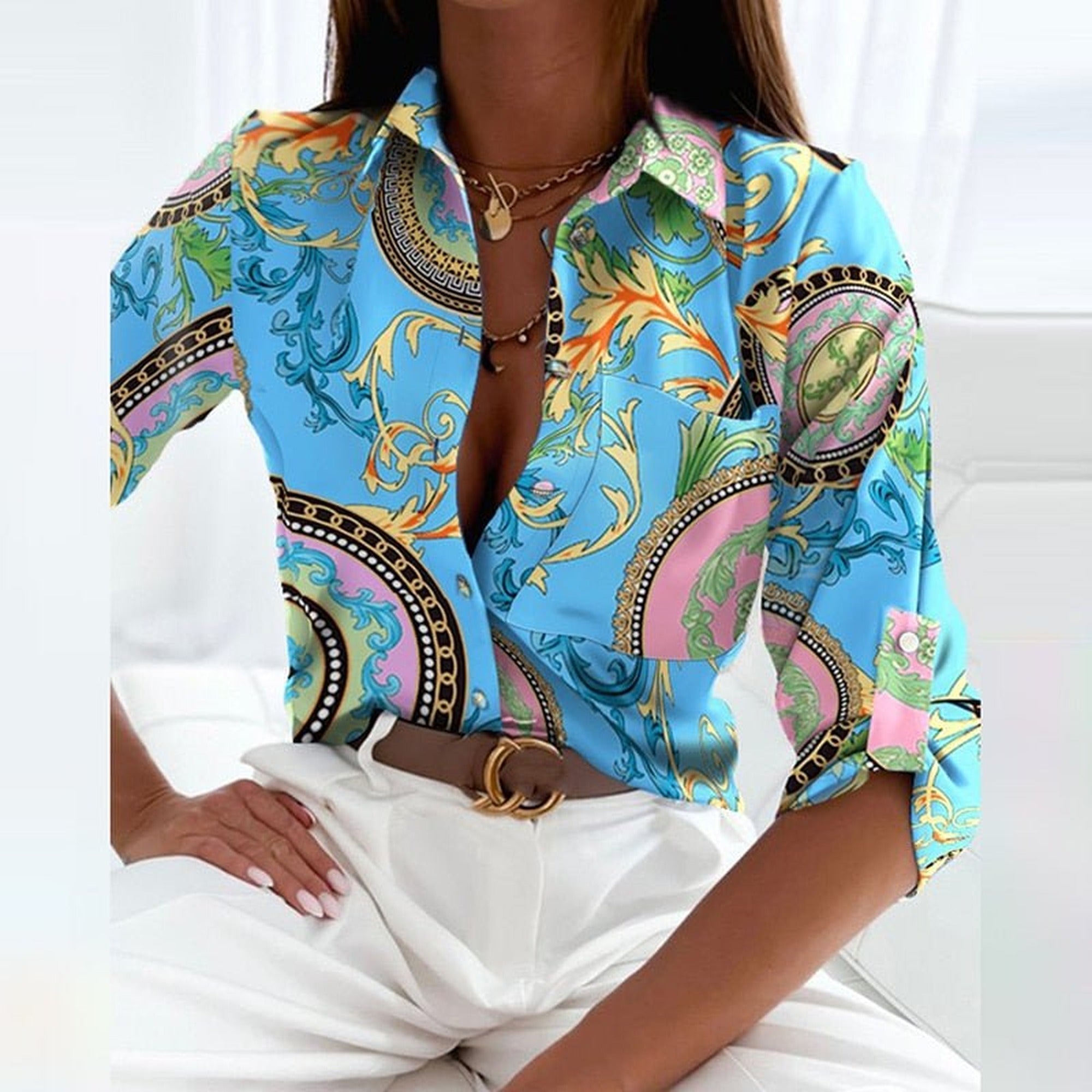 Sofia | Classic Collared Printed Blouse - Light Blue