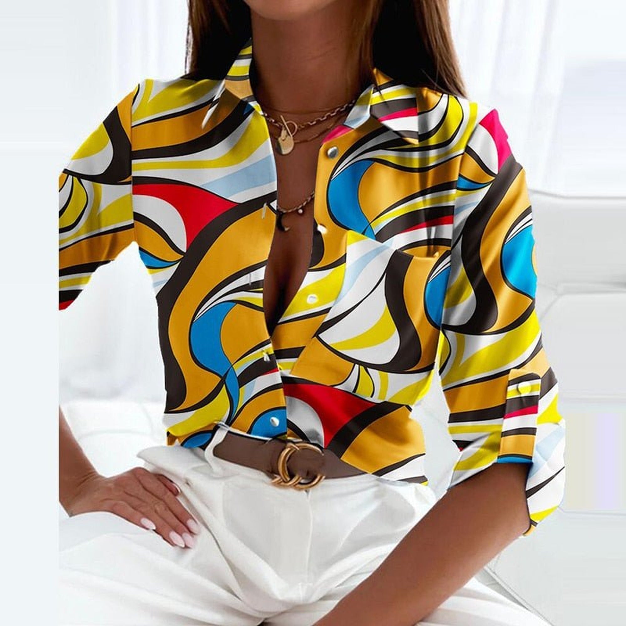 Sofia | Classic Collared Printed Blouse - Yellow Labyrinth