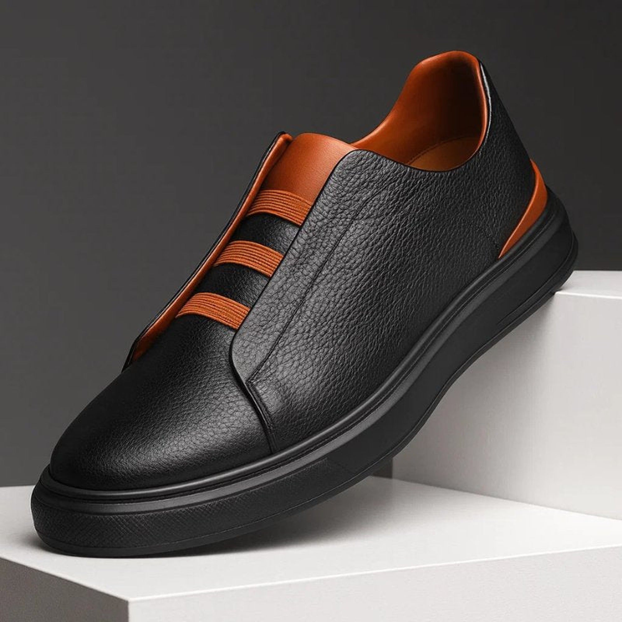 Oscar | Men's Leather Slip-On Sneakers Elastic Strap Casual - Black Brown