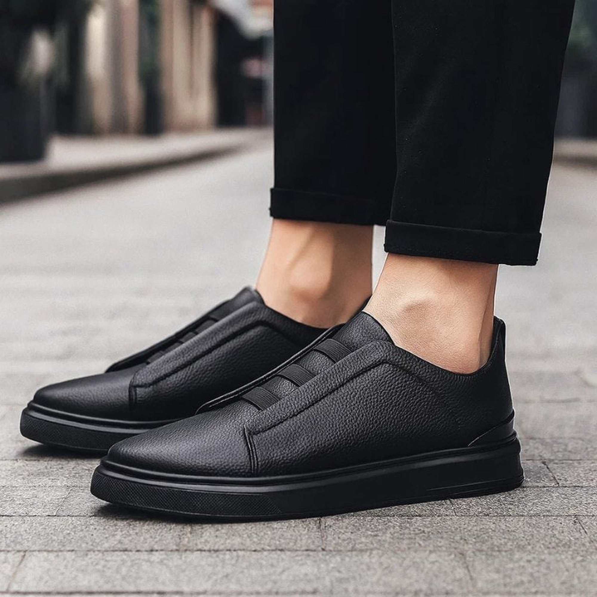 Oscar | Men's Leather Slip-On Sneakers Elastic Strap Casual - Black