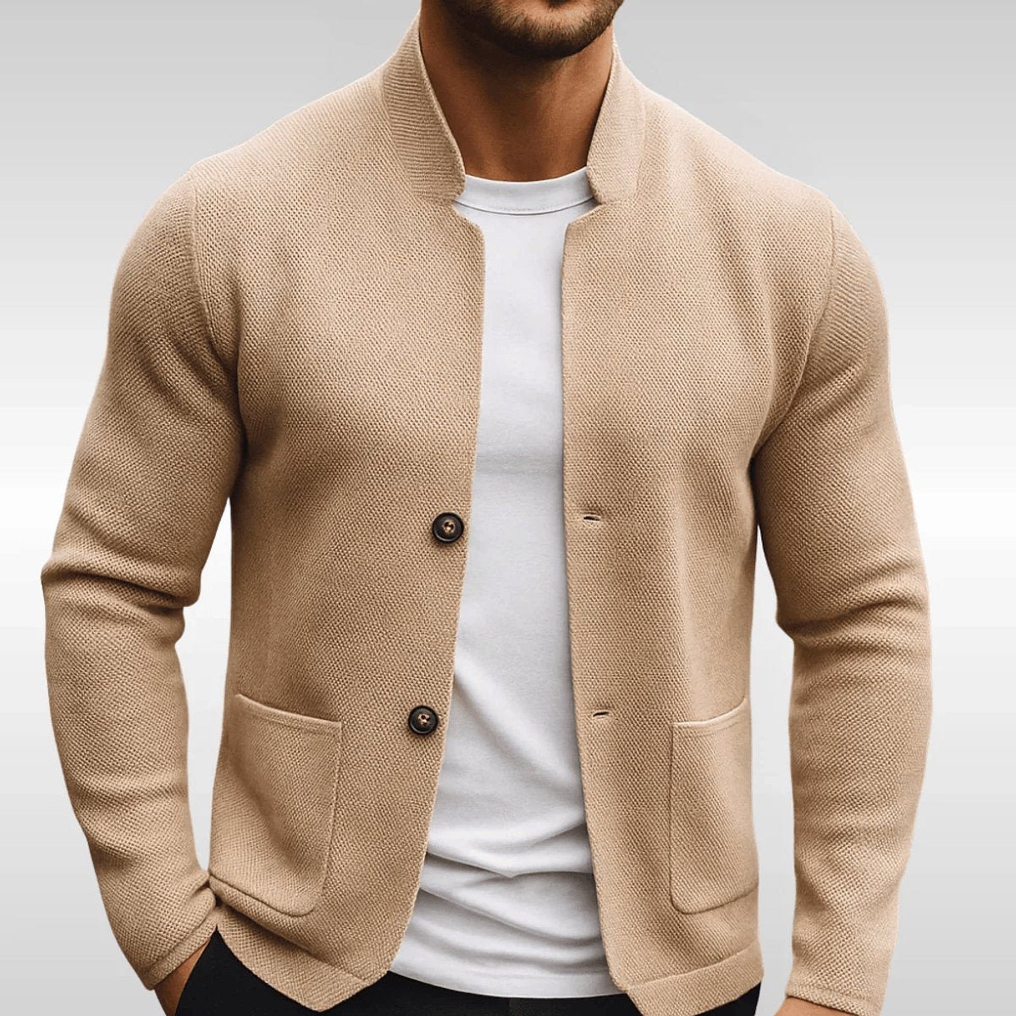 Owen | Men's Quilted Jacket Knit-Texture Mandarin-Collar Button-Front Blazer - Beige