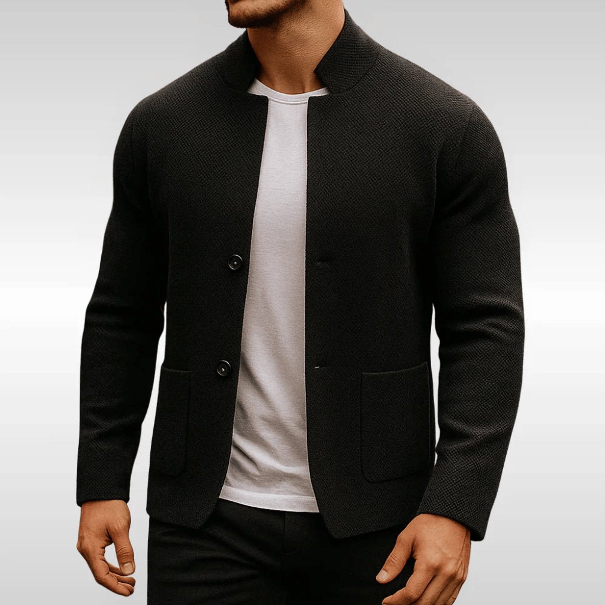 Owen | Men's Quilted Jacket Knit-Texture Mandarin-Collar Button-Front Blazer - Black