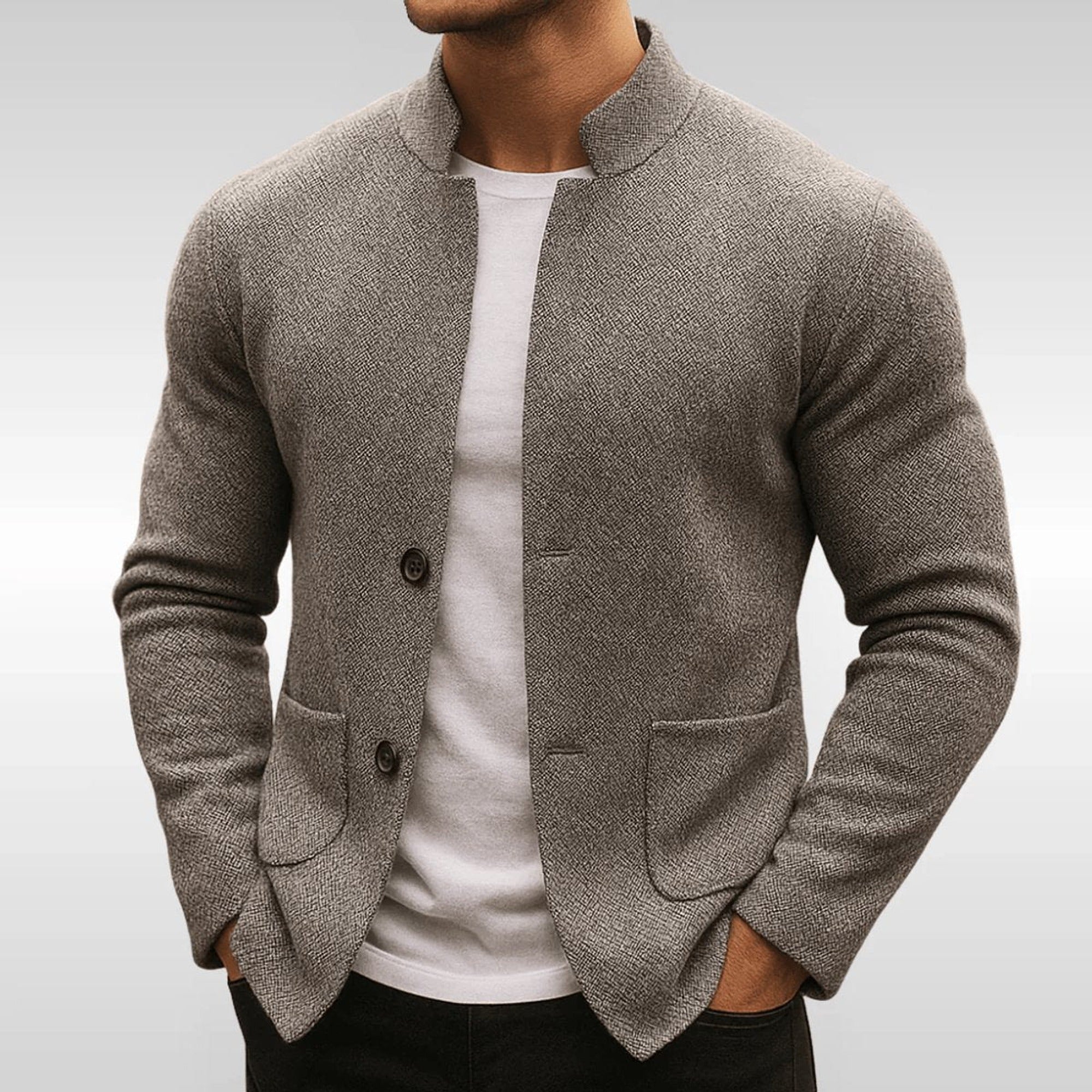 Owen | Men's Quilted Jacket Knit-Texture Mandarin-Collar Button-Front Blazer - Gray