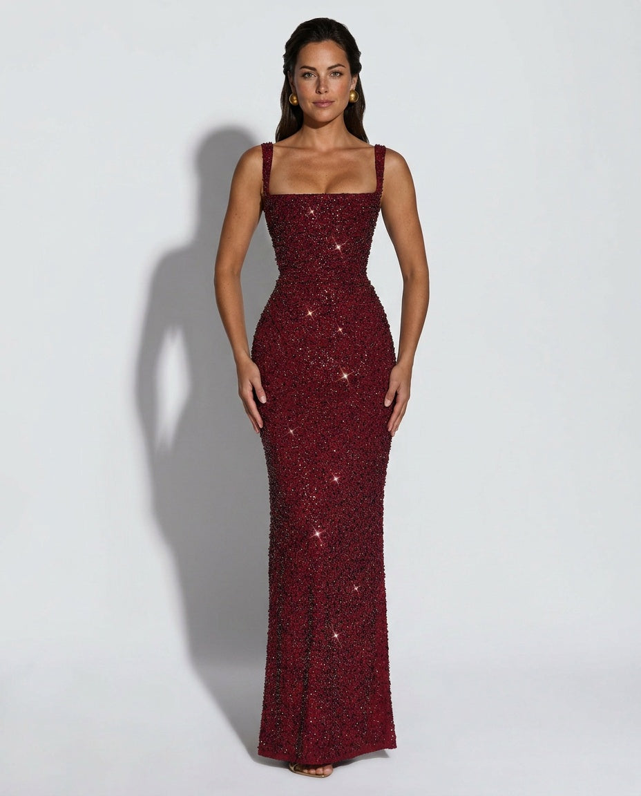 Women's Sleeveless Sequin Maxi Dress – Floor Length Evening Dress