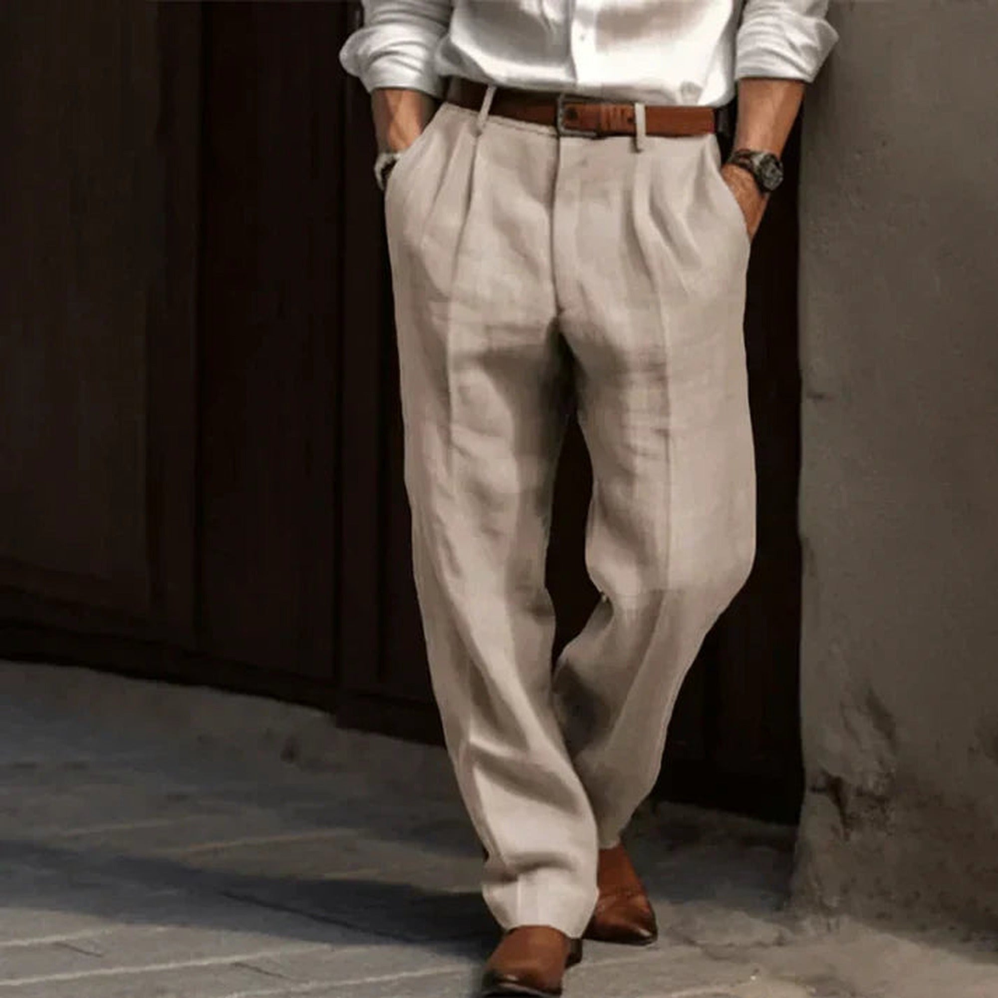 James | Pleated Wide Leg Pants for Men - High Waisted Relaxed Fit - Beige