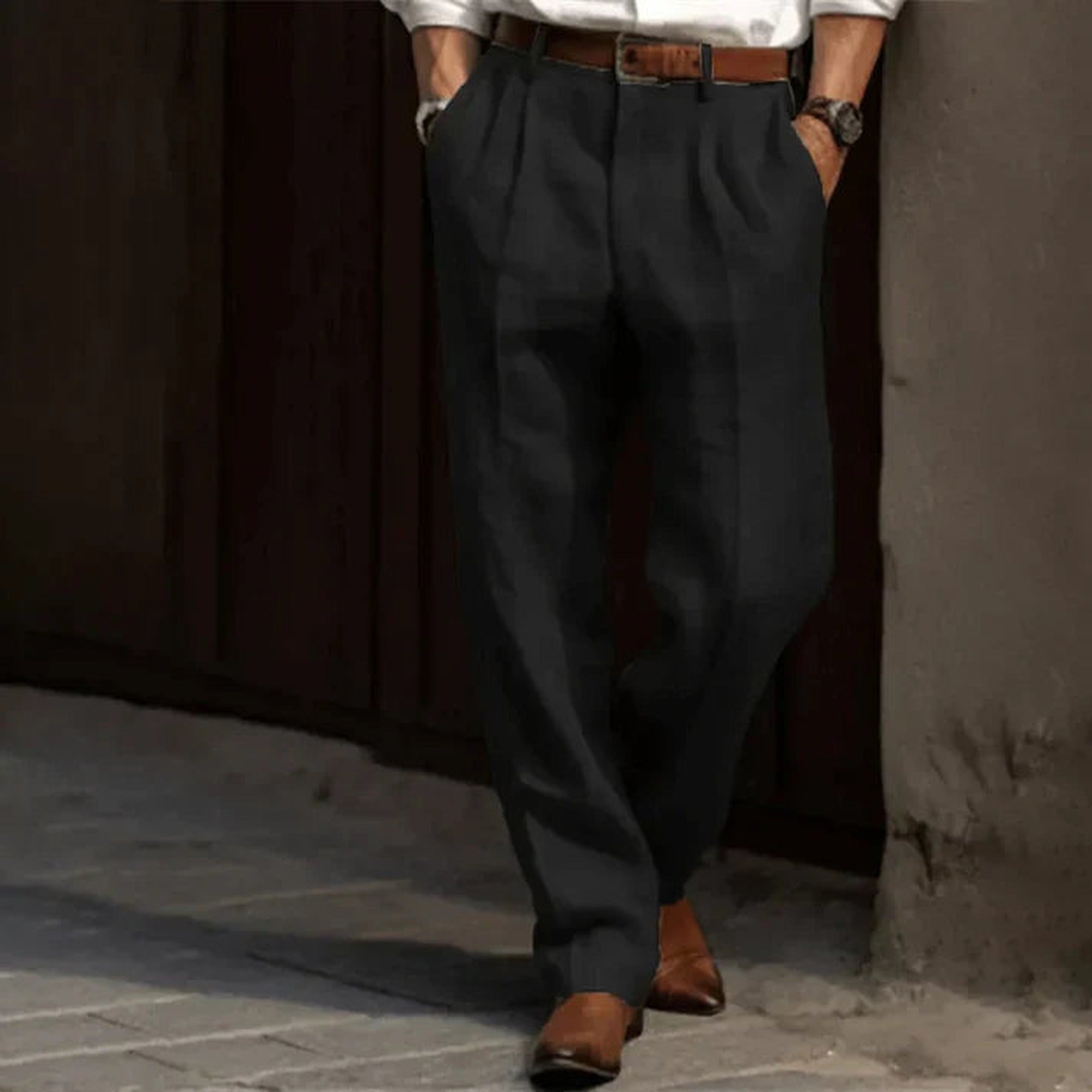 James | Pleated Wide Leg Pants for Men - High Waisted Relaxed Fit - Black