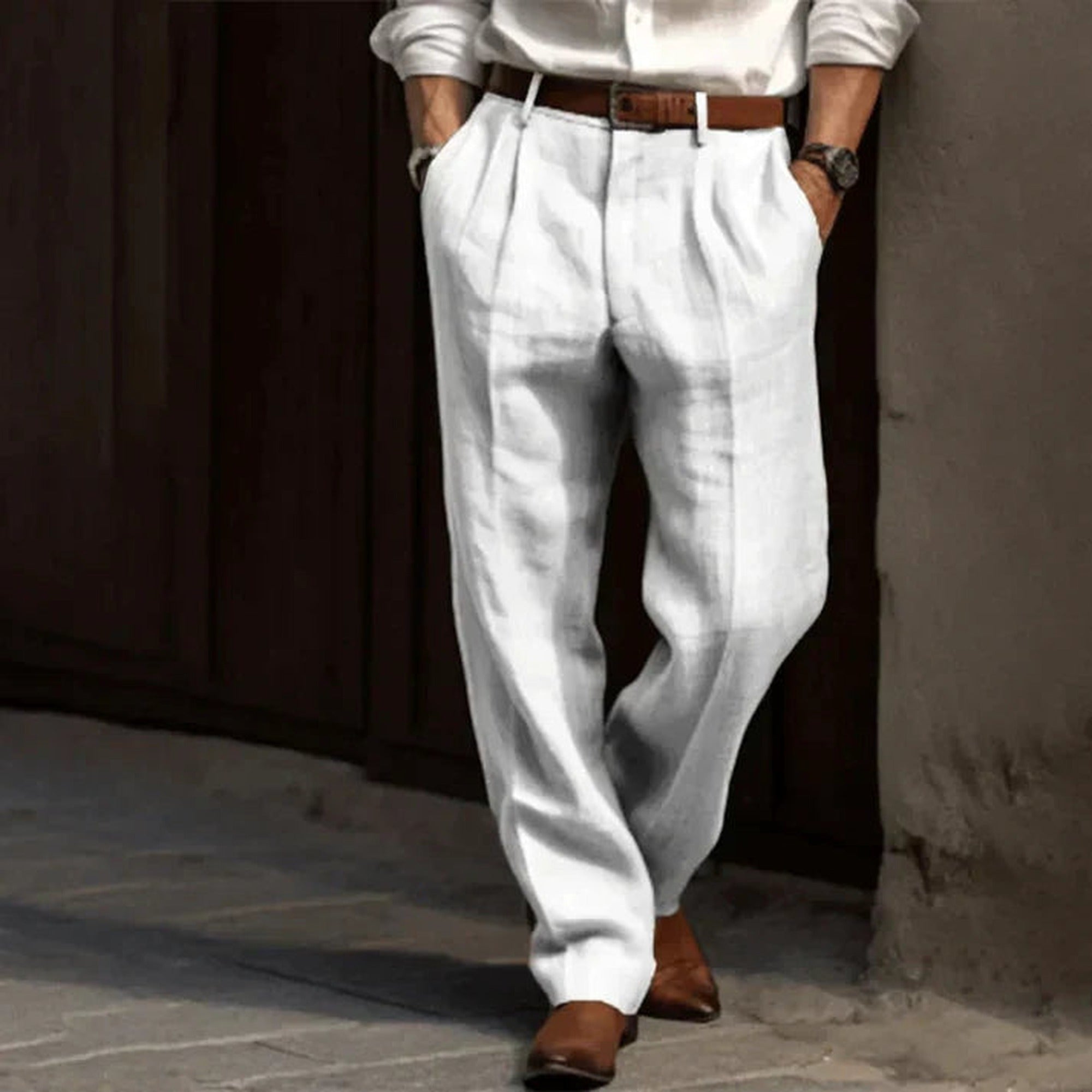 James | Pleated Wide Leg Pants for Men - High Waisted Relaxed Fit - White