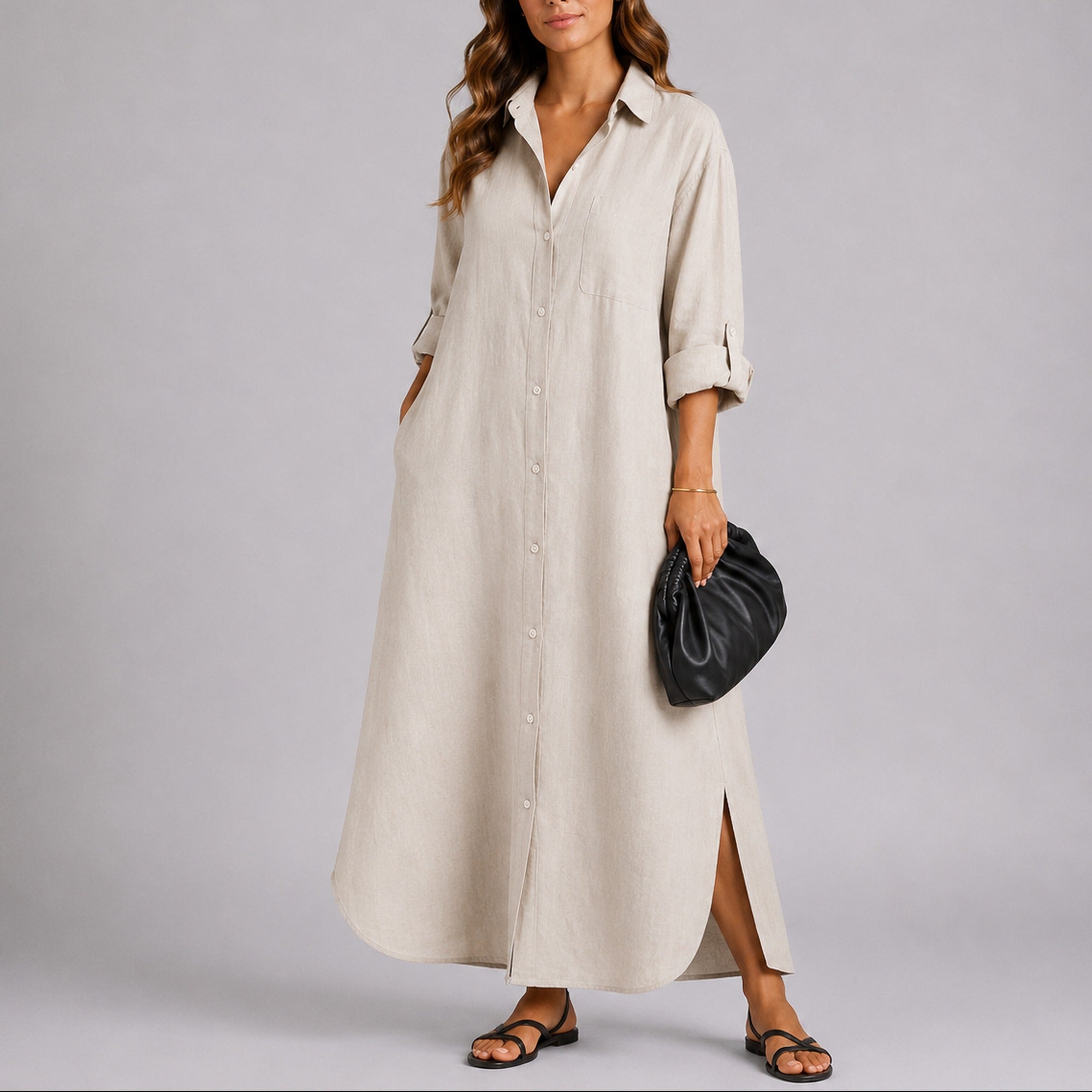 Mabel | Relaxed Linen Shirt Maxi Dress – Lightweight & Effortless - Beige