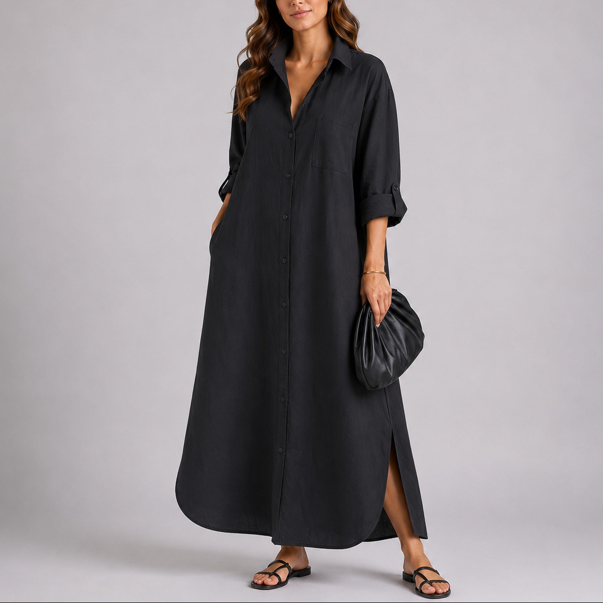 Mabel | Relaxed Linen Shirt Maxi Dress – Lightweight & Effortless - Black