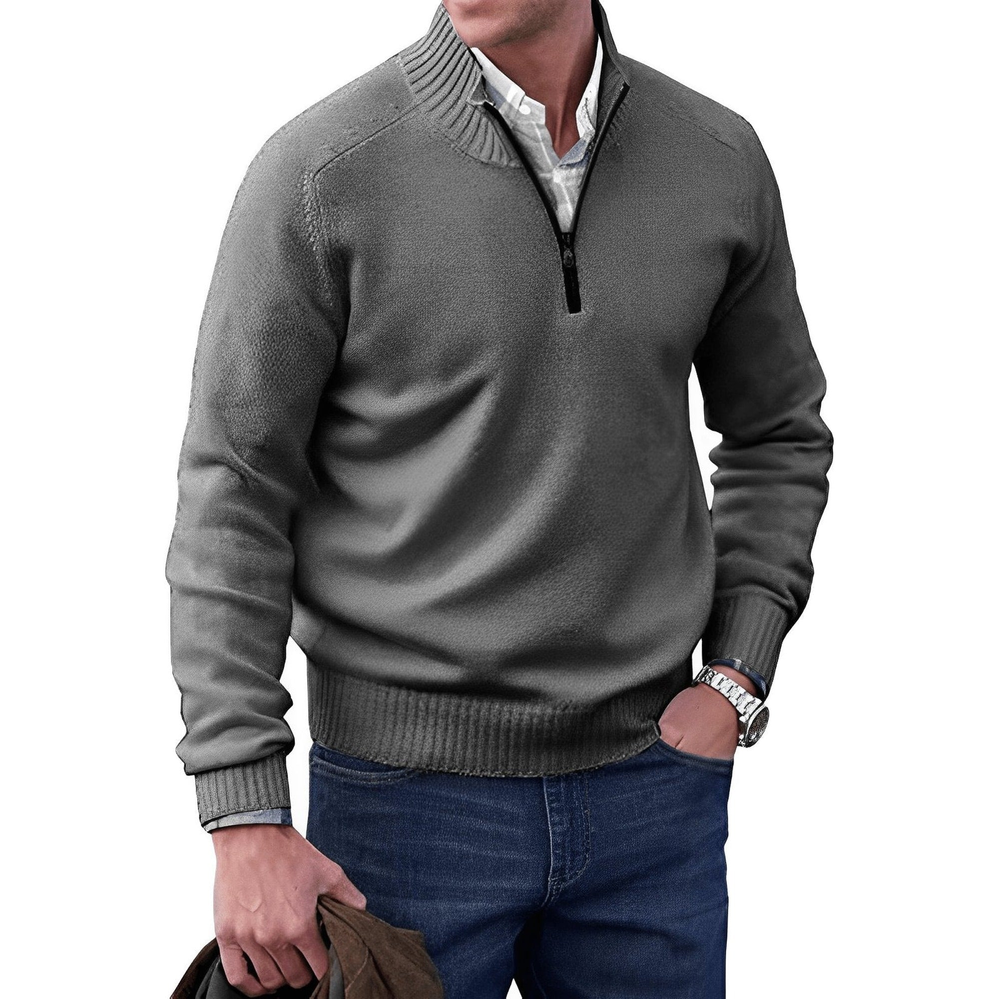 Martin | Men's Quarter-Zip Knit Pullover Sweater Regular Fit Long Sleeve - Dark Grey
