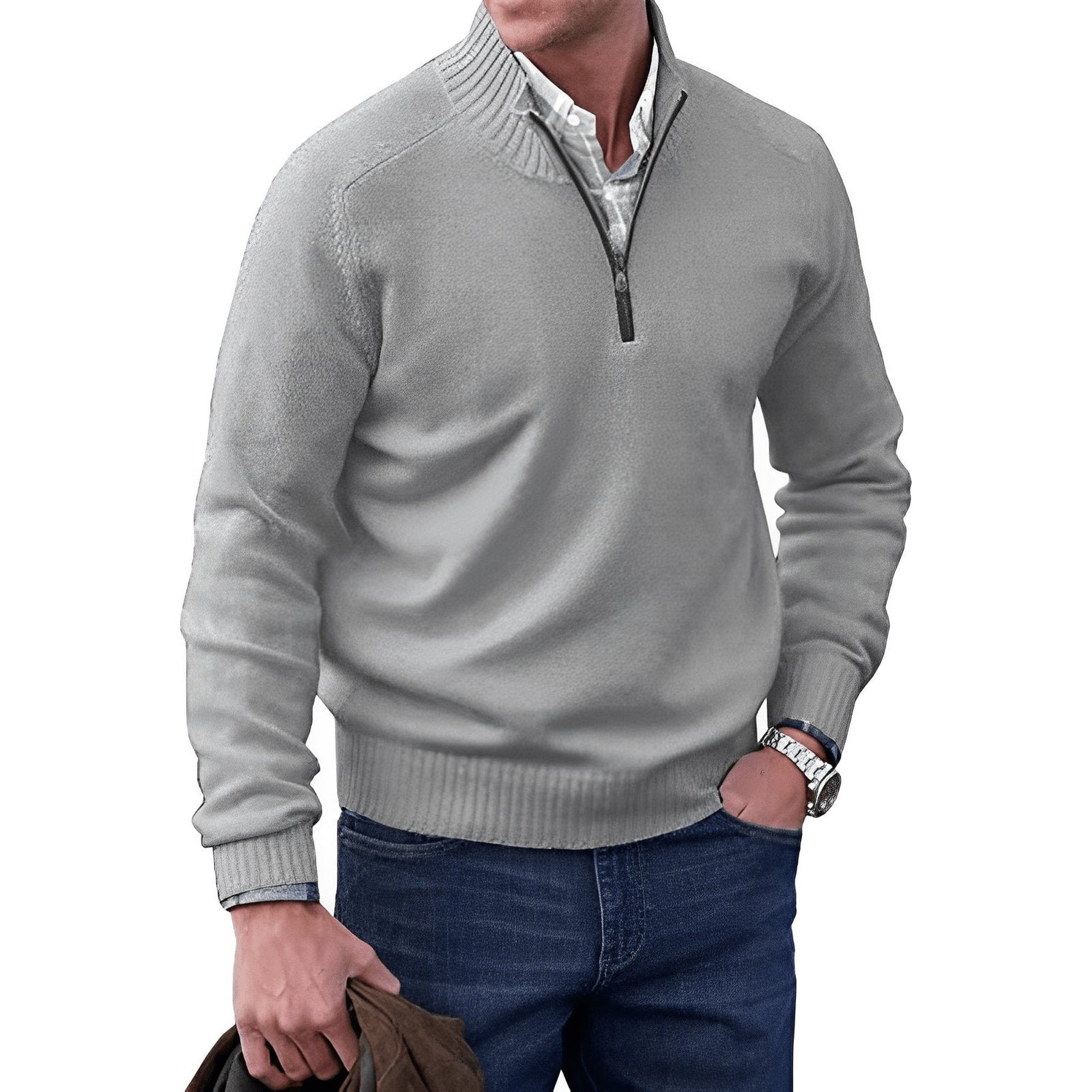 Martin | Men's Quarter-Zip Knit Pullover Sweater Regular Fit Long Sleeve - Light Grey
