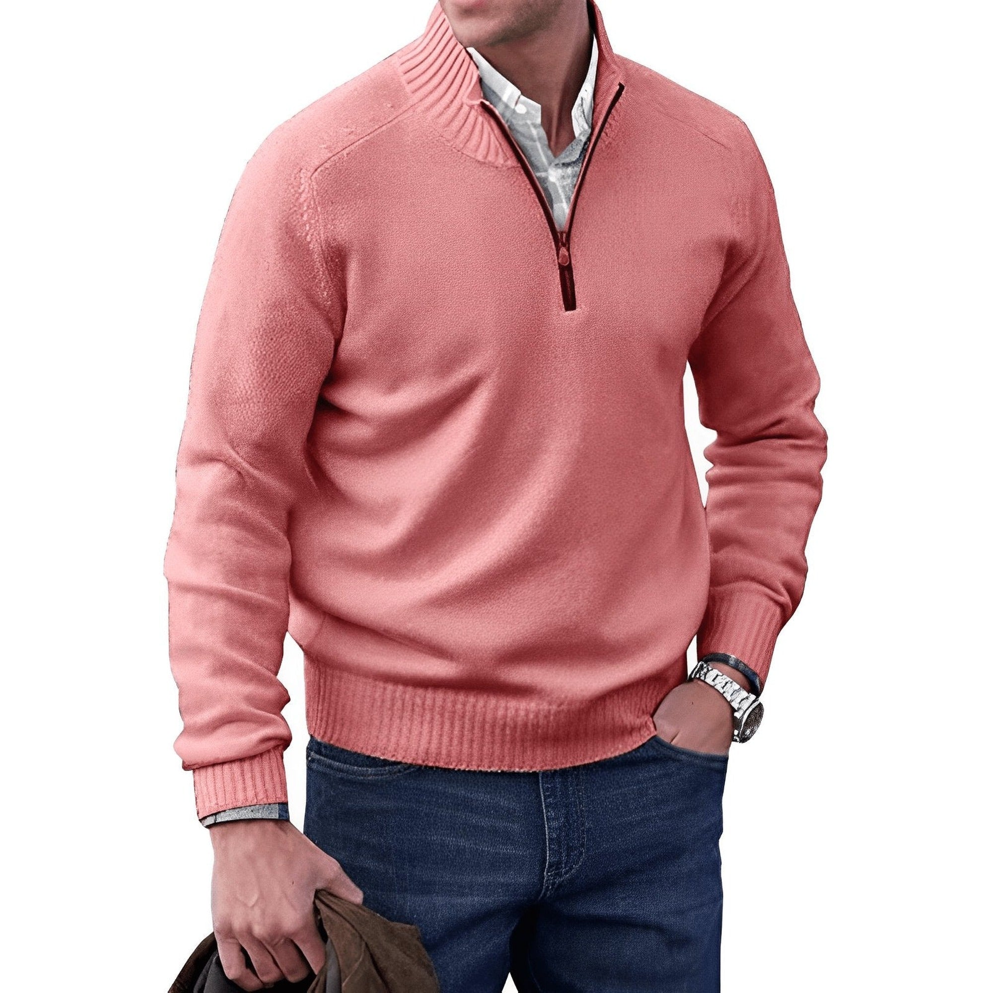 Martin | Men's Quarter-Zip Knit Pullover Sweater Regular Fit Long Sleeve - Pink