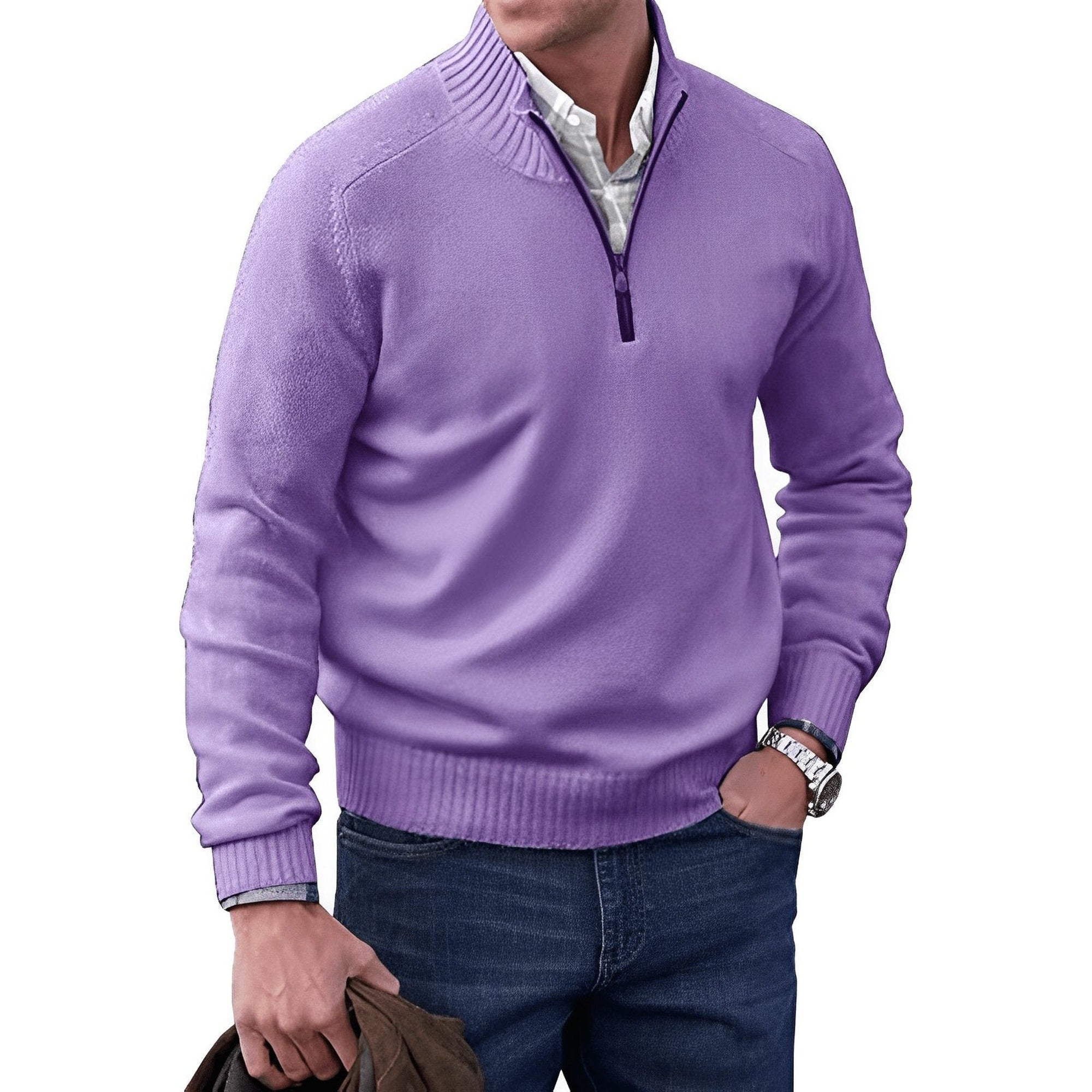 Martin | Men's Quarter-Zip Knit Pullover Sweater Regular Fit Long Sleeve - Purple