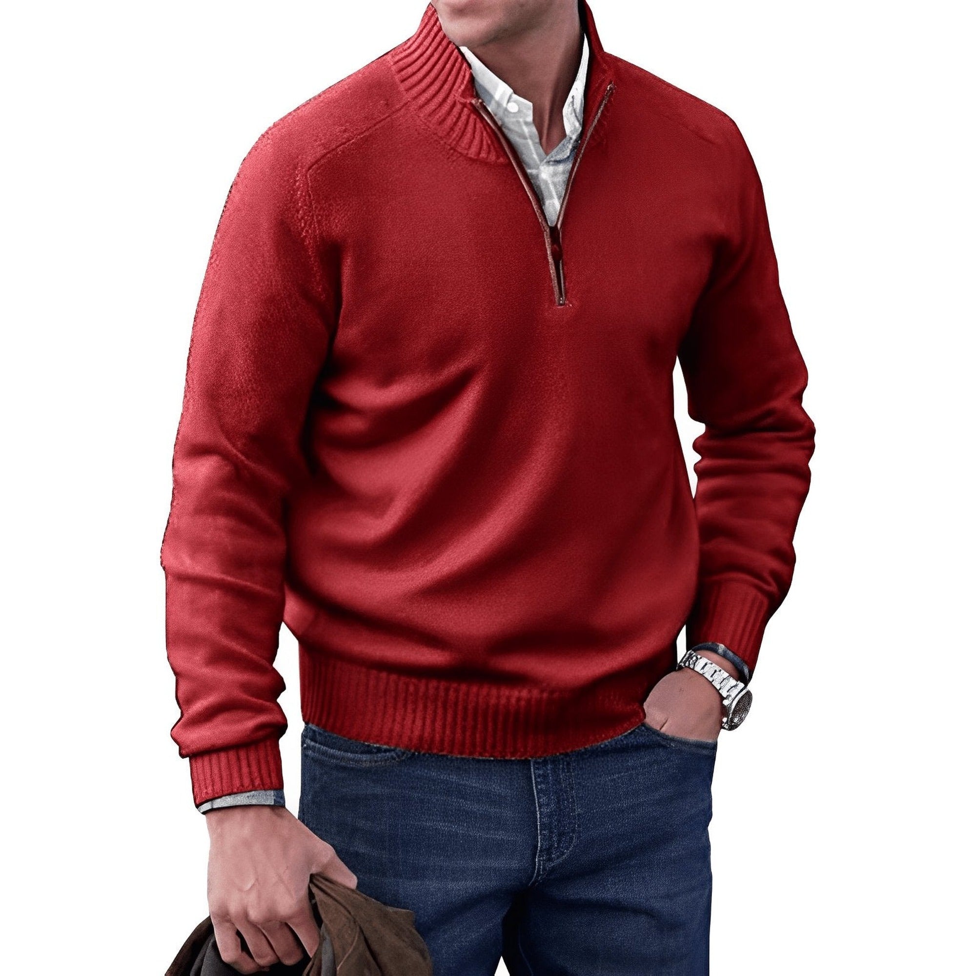 Martin | Men's Quarter-Zip Knit Pullover Sweater Regular Fit Long Sleeve - Red