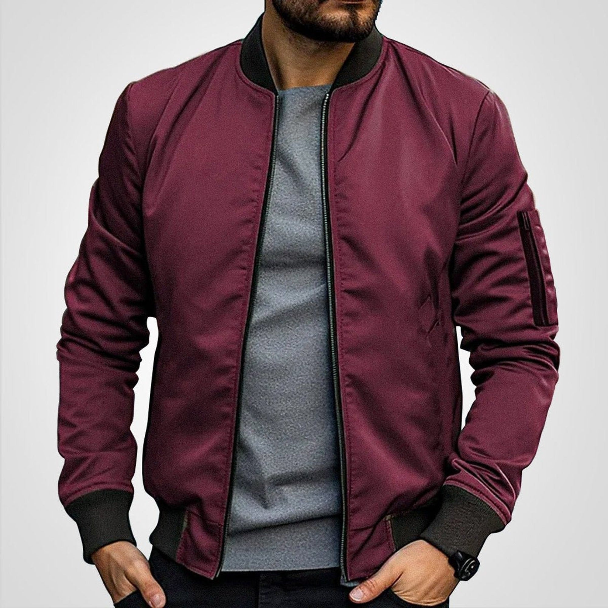 Toby | Men's Classic Slim-Fit Zip-Up Bomber Jacket - Burgundy