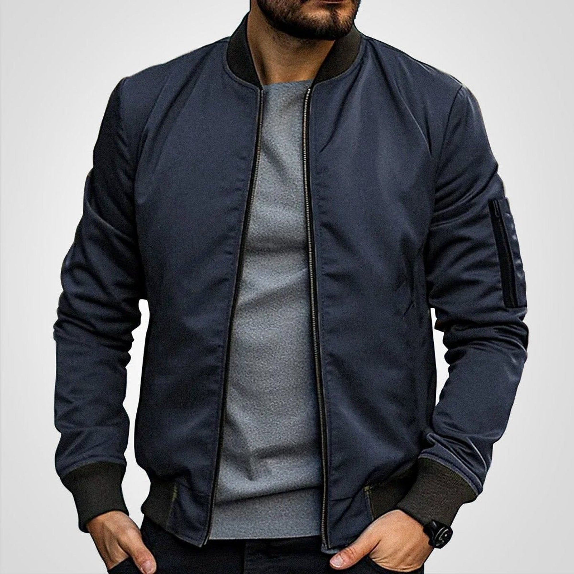 Toby | Men's Classic Slim-Fit Zip-Up Bomber Jacket - Dark Navy
