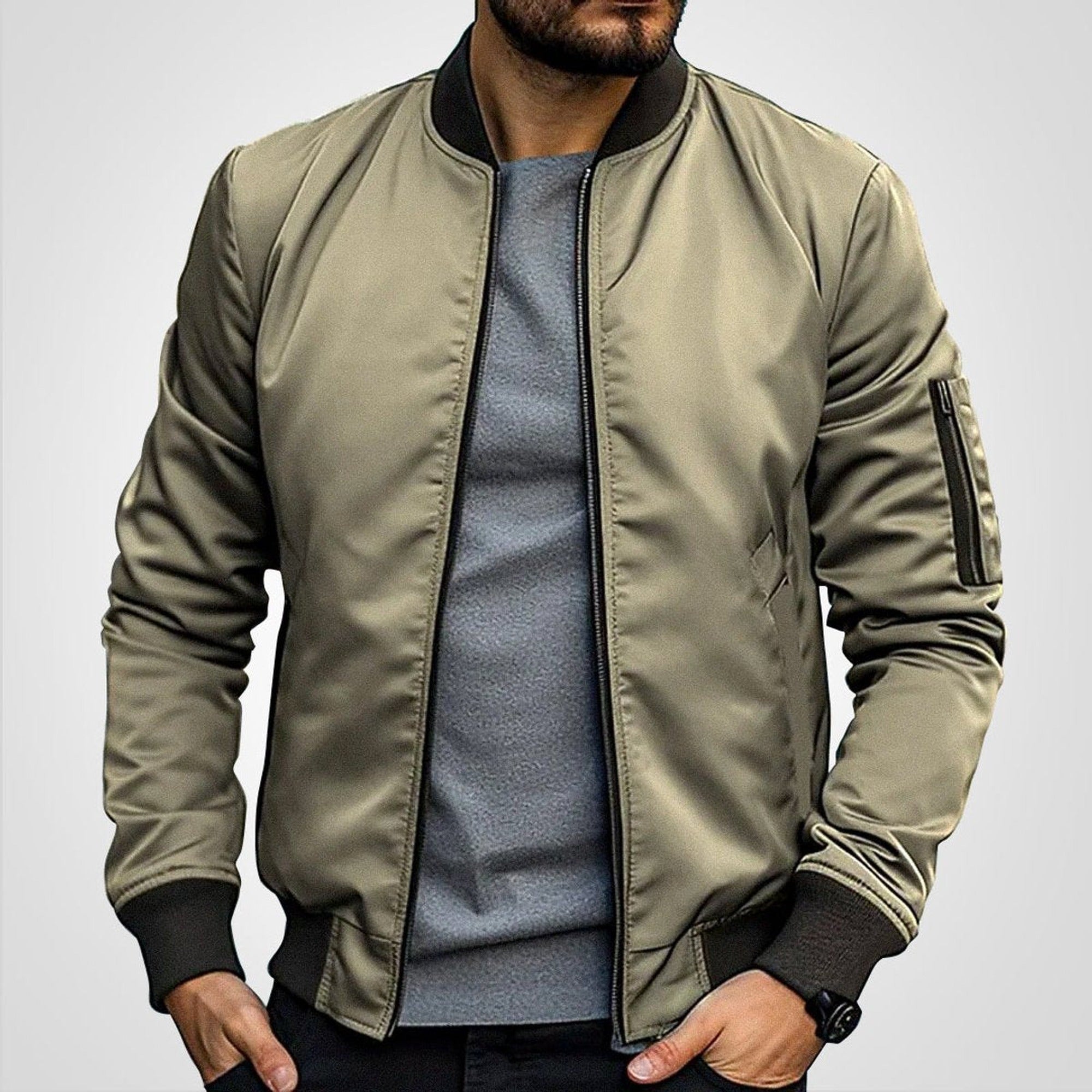 Toby | Men's Classic Slim-Fit Zip-Up Bomber Jacket - Khaki