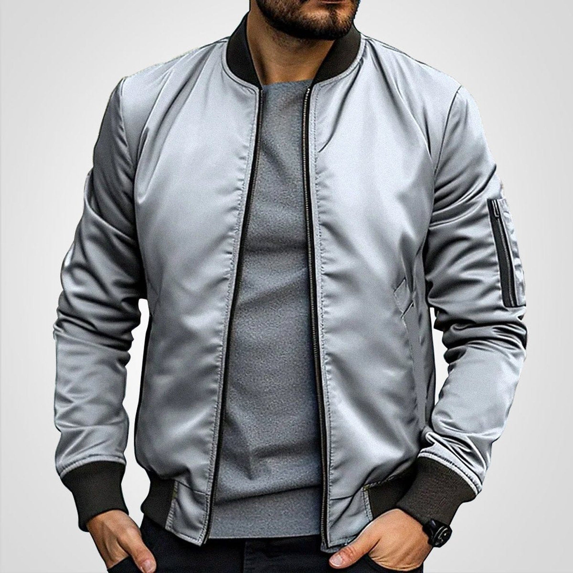 Toby | Men's Classic Slim-Fit Zip-Up Bomber Jacket - Light Gray
