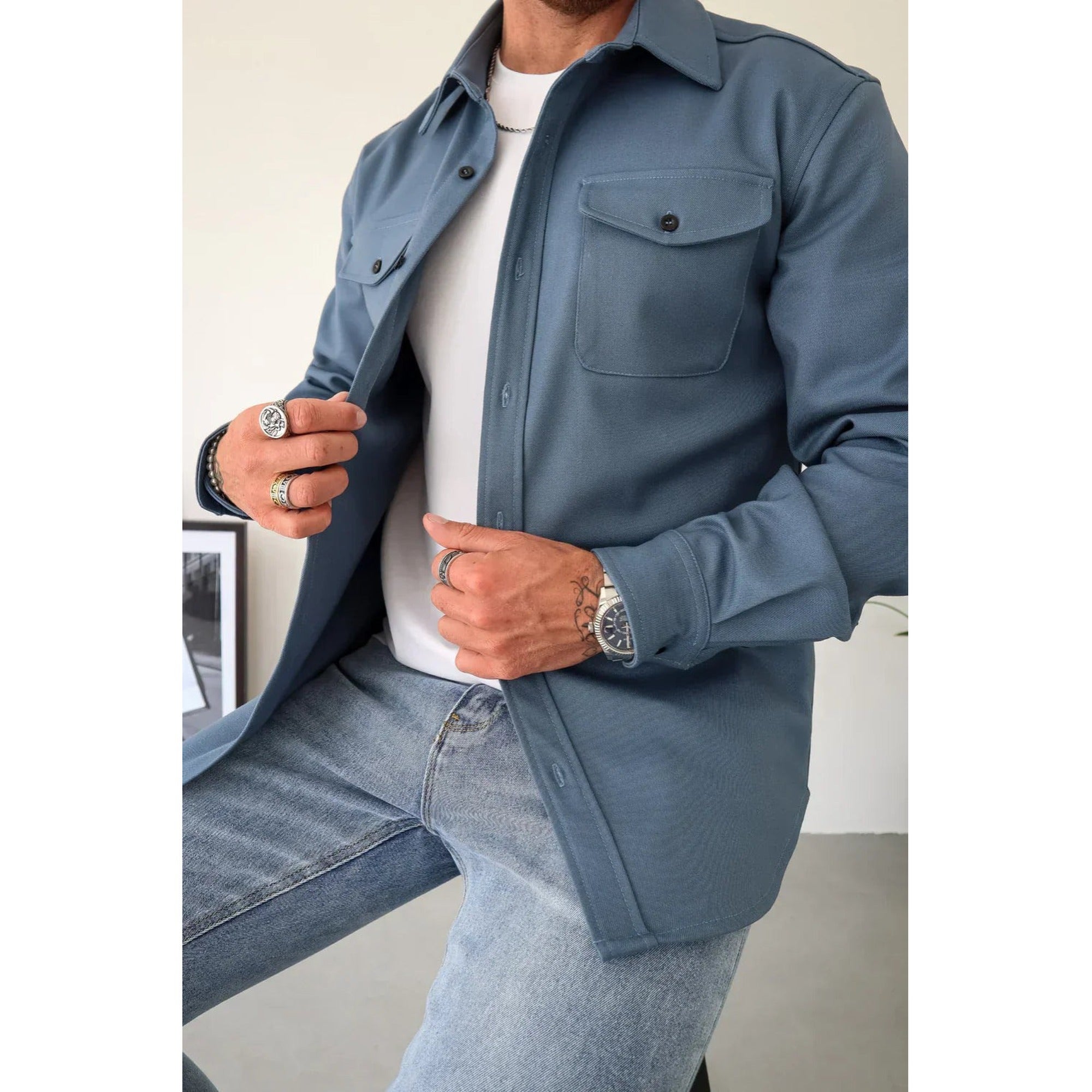Oliver | Shirt Jacket for Men - Button-Up Overshirt - Blue