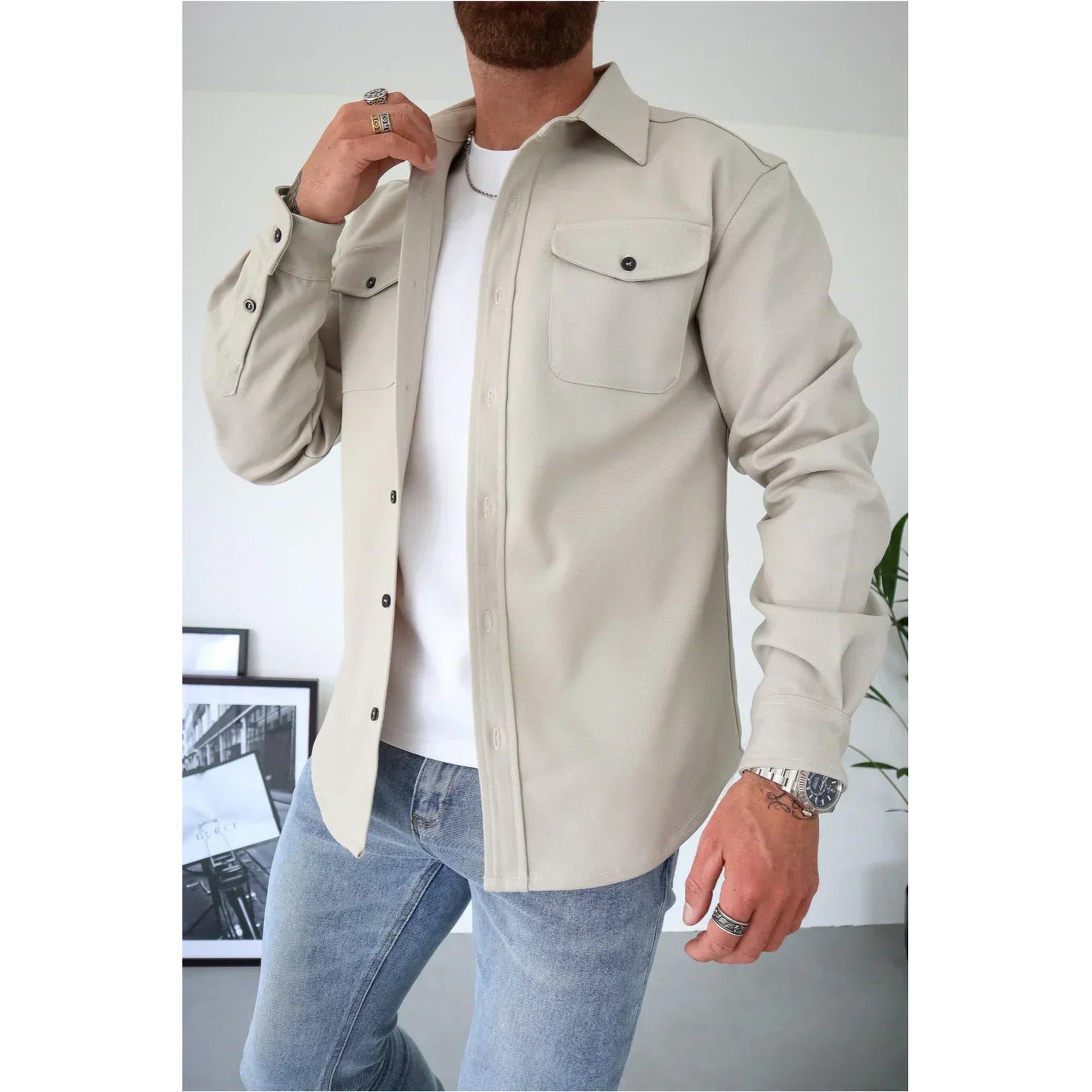 Oliver | Shirt Jacket for Men - Button-Up Overshirt - Creme