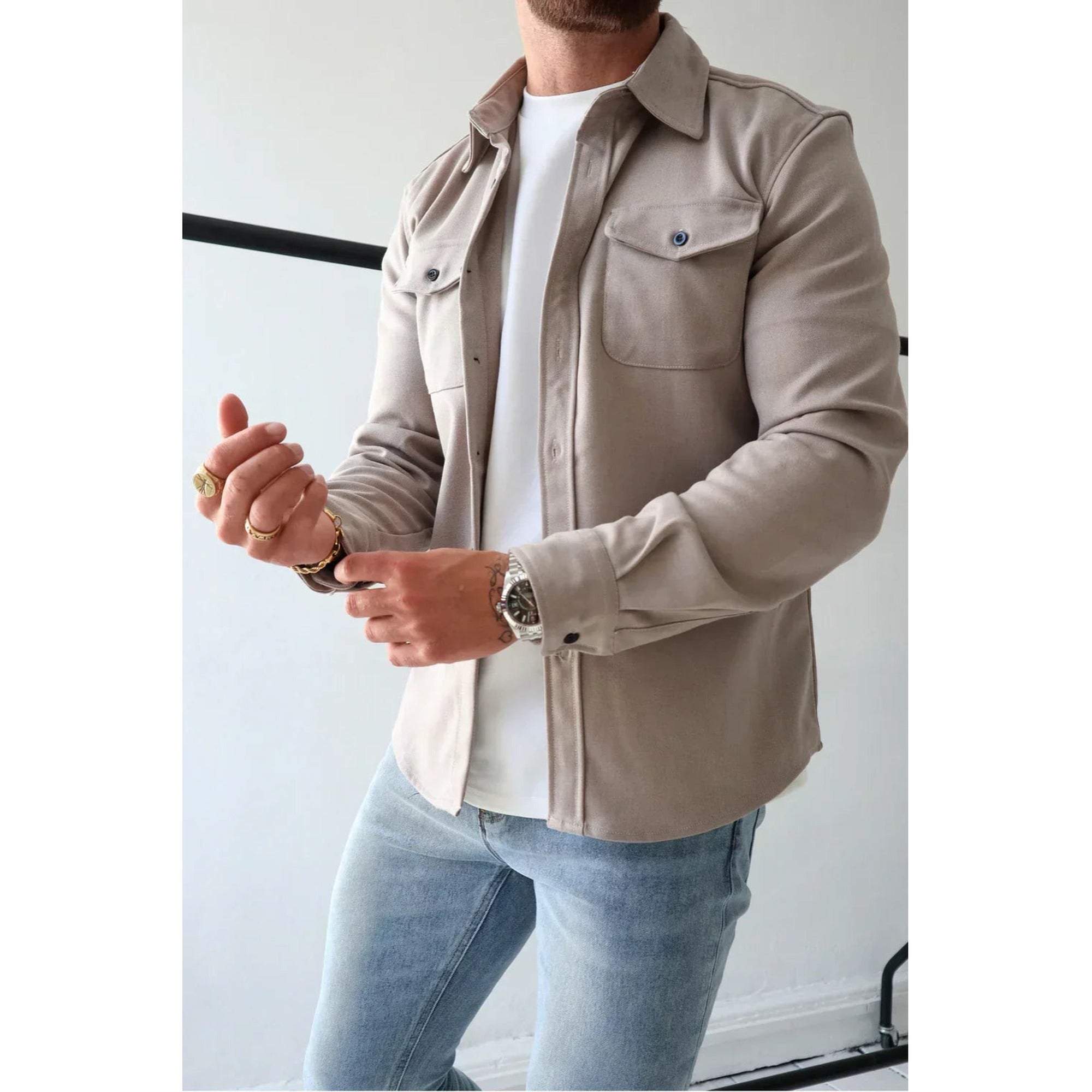 Oliver | Shirt Jacket for Men - Button-Up Overshirt - Stone