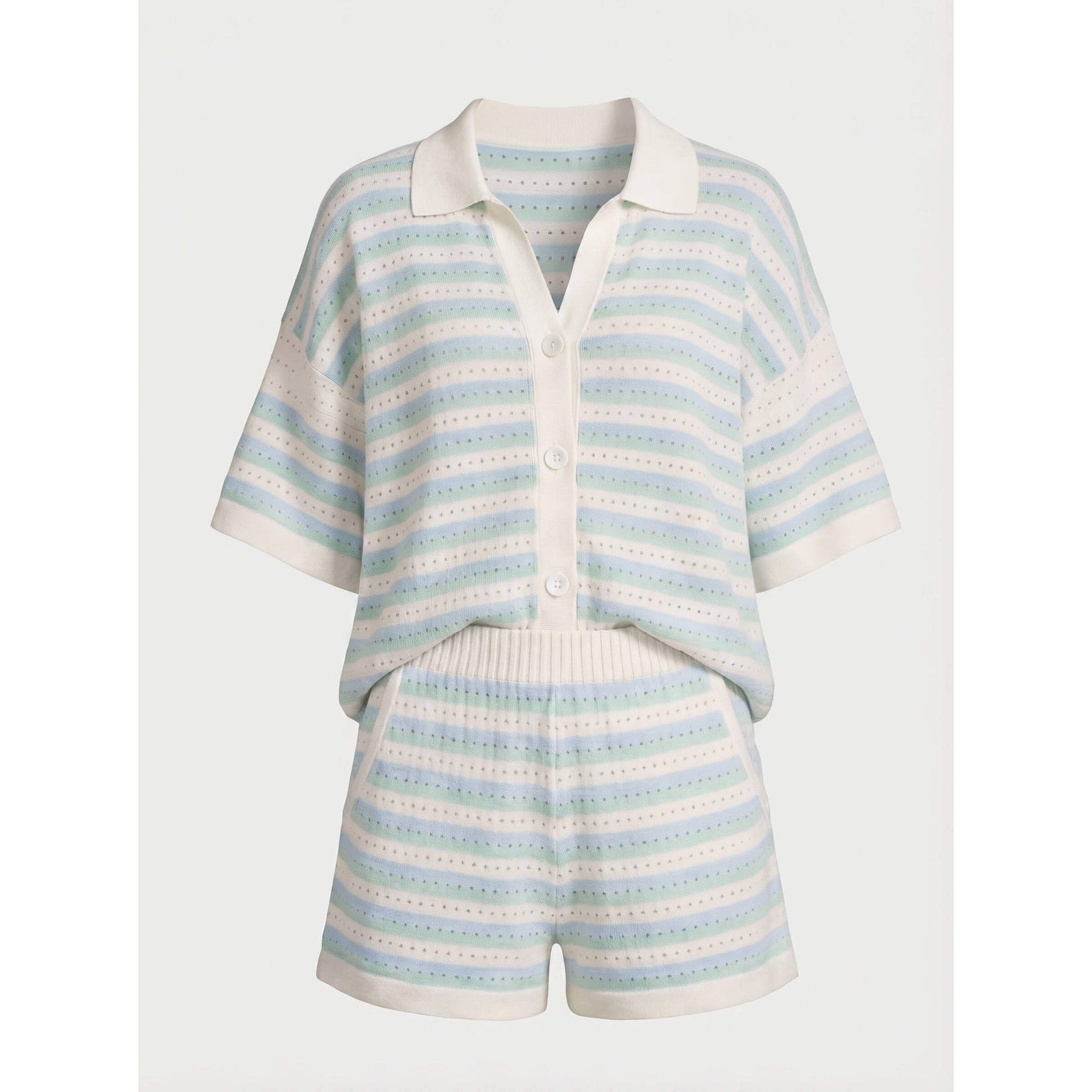 Skye | Striped Knit Polo Top and Short Two Piece Set - Blue