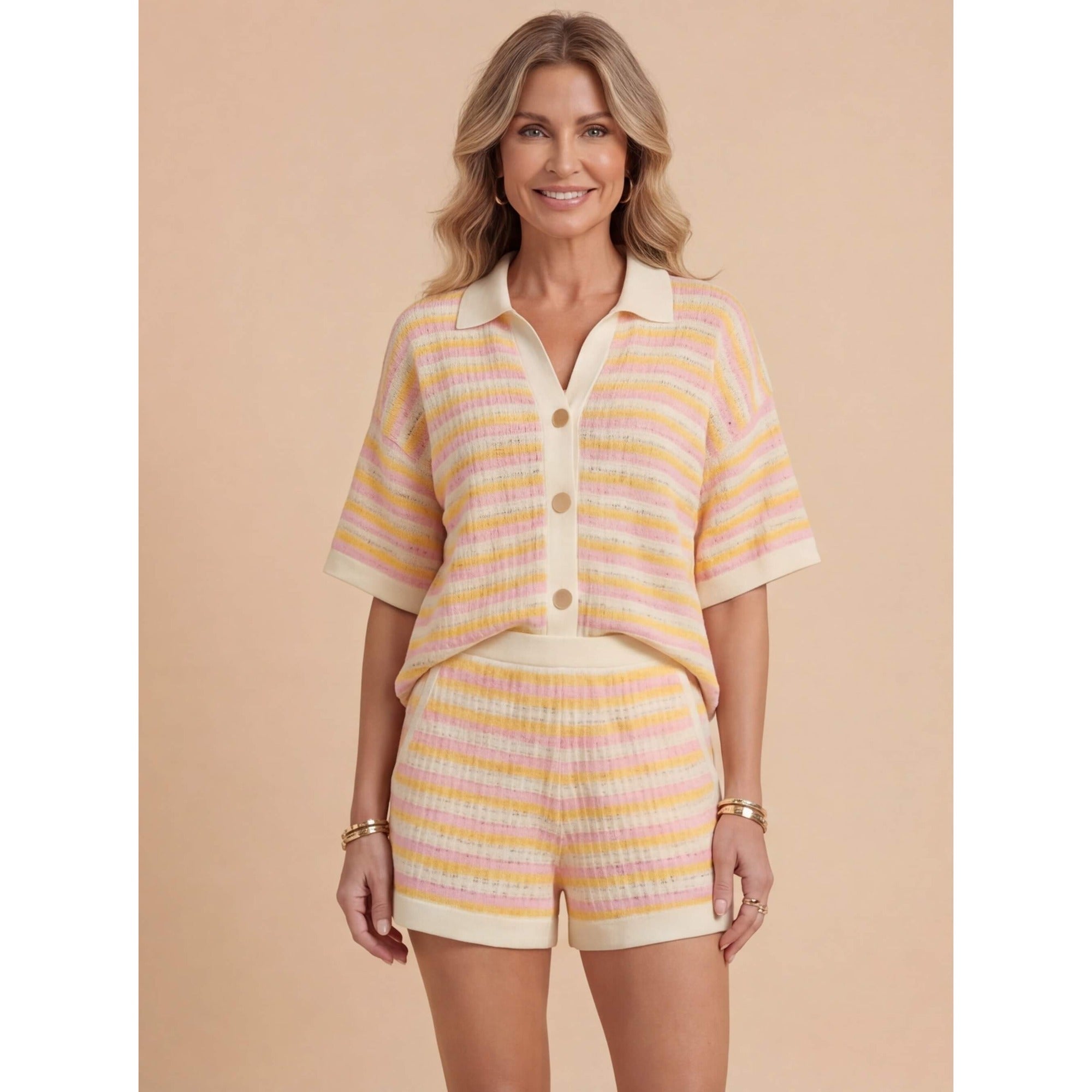 Skye | Striped Knit Polo Top and Short Two Piece Set - Yellow