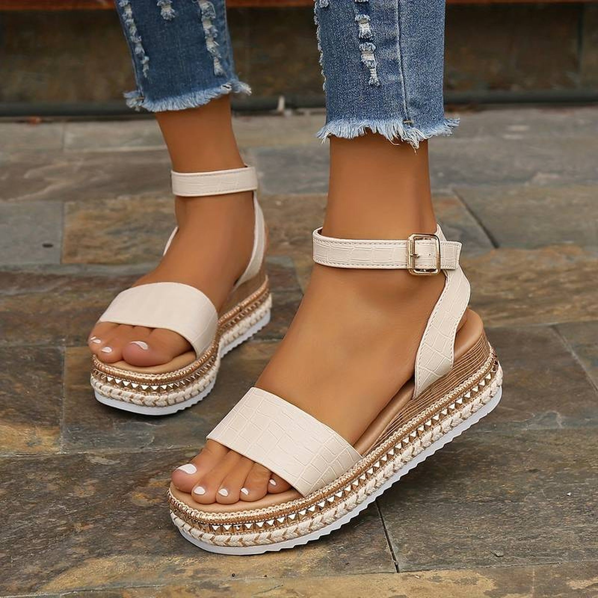 Emma | Summer Platform Sandals with Ankle Strap and Textured Sole - Apricot