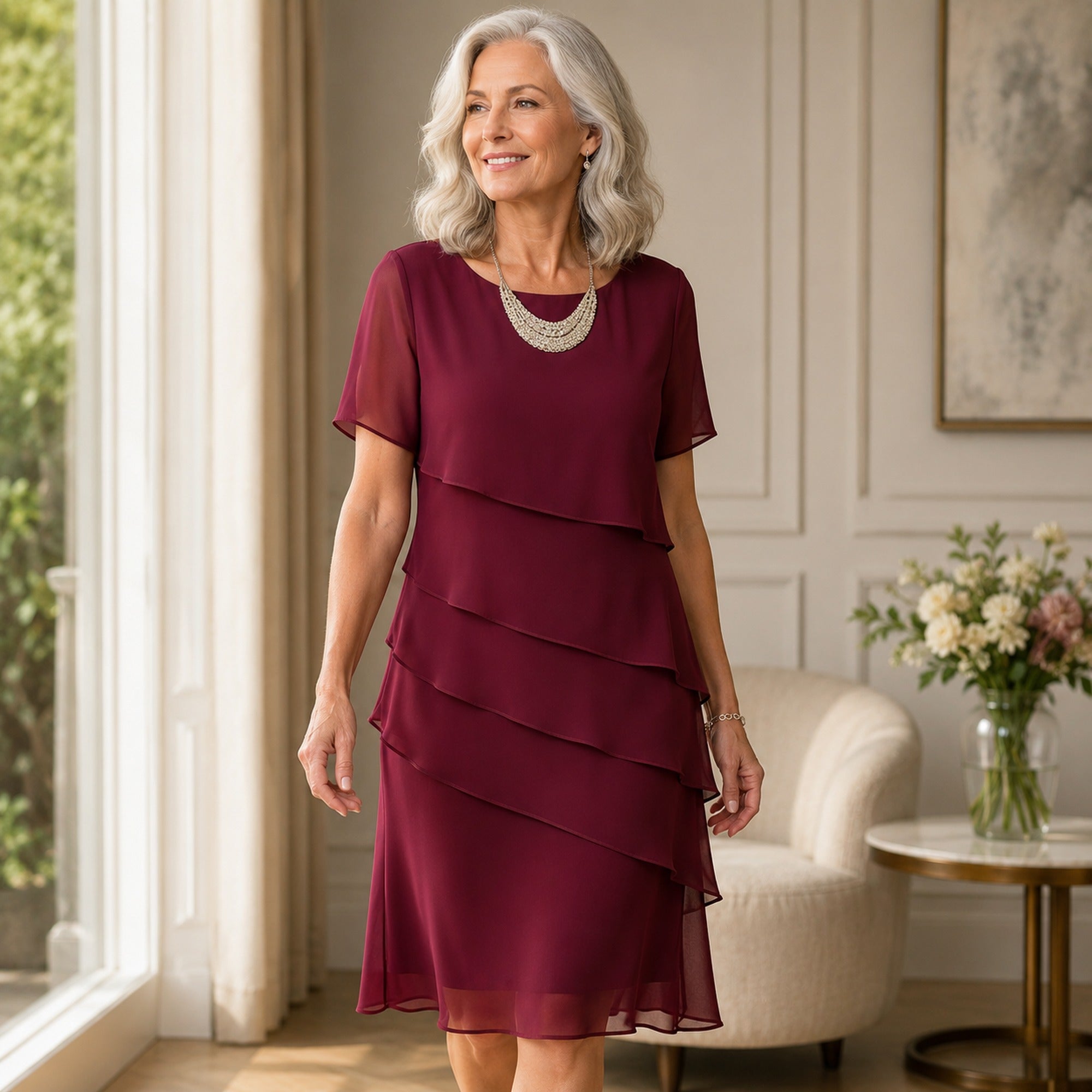 Georgie | Women's Tiered Ruffle Midi Dress - Burgundy