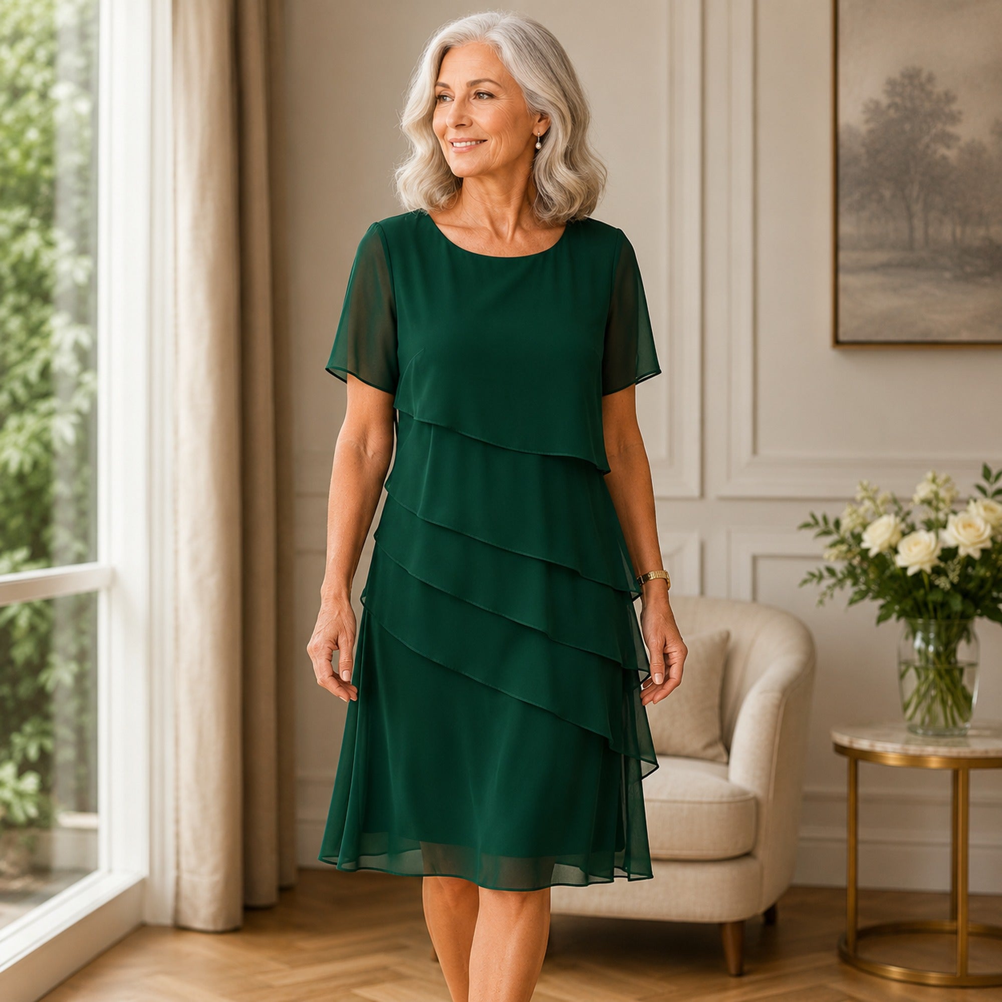 Georgie | Women's Tiered Ruffle Midi Dress - Green