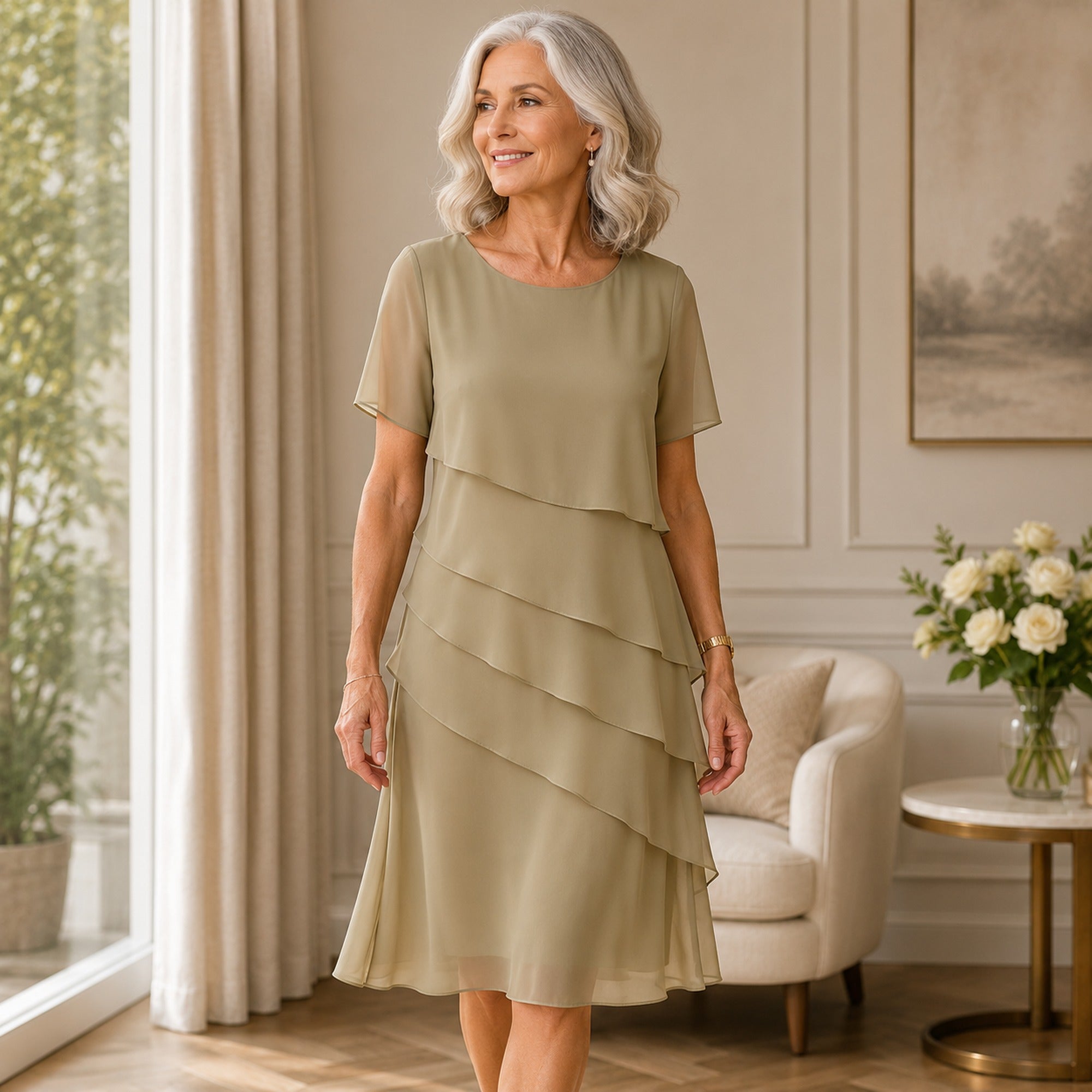 Georgie | Women's Tiered Ruffle Midi Dress - Khaki