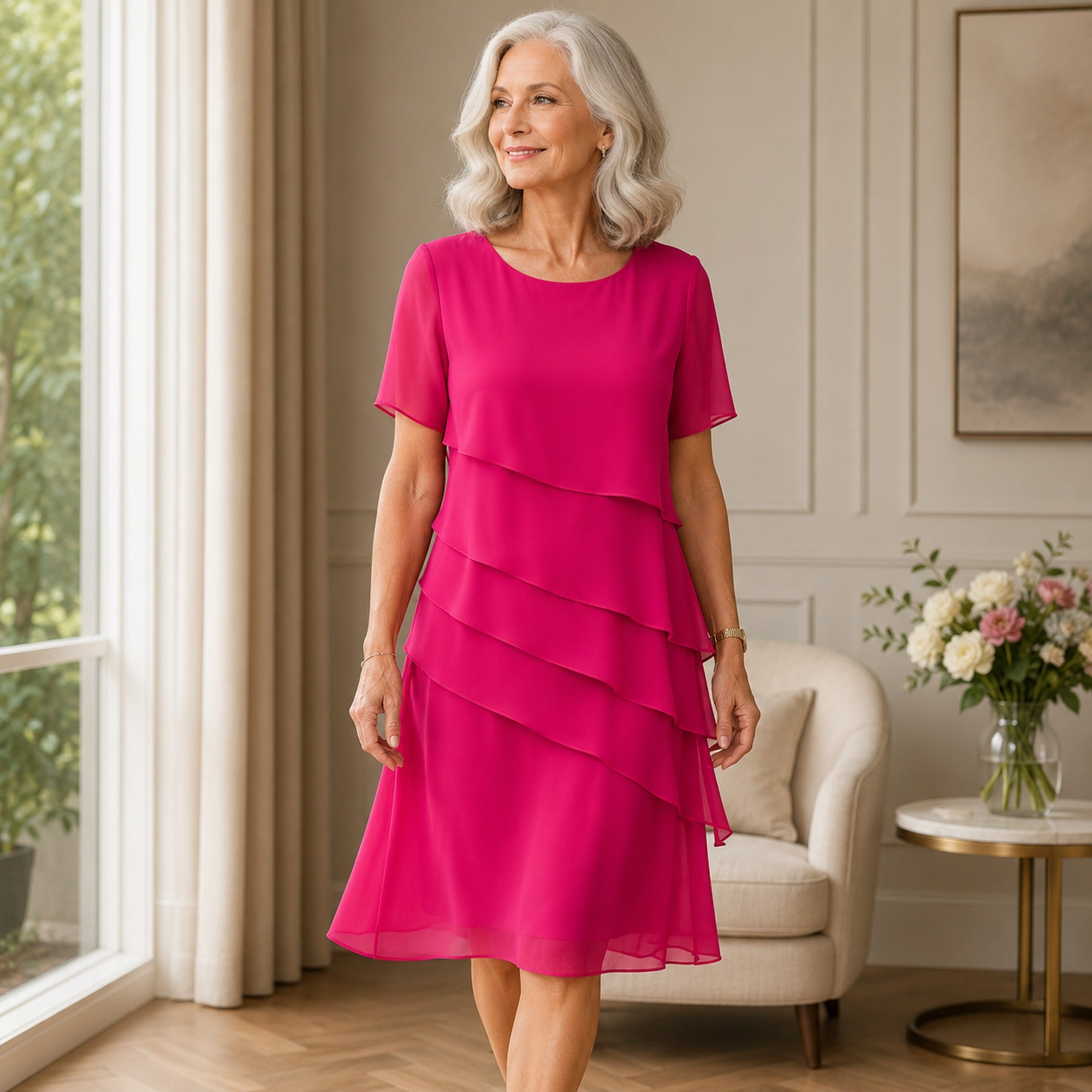 Georgie | Women's Tiered Ruffle Midi Dress - Rose Red