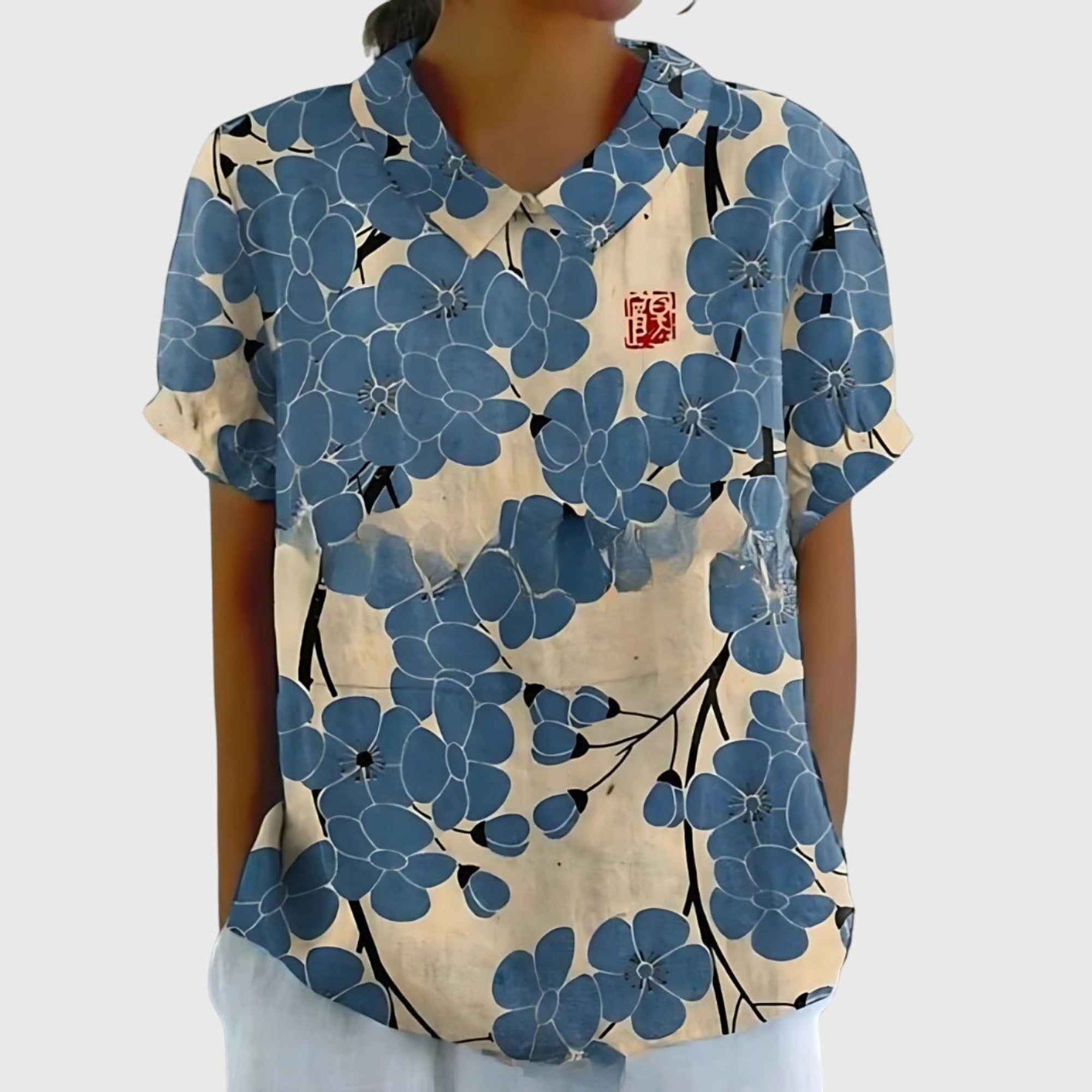 Henrietta | Women's Linen Floral Print Short Sleeve Collared Blouse - Dusty Blue