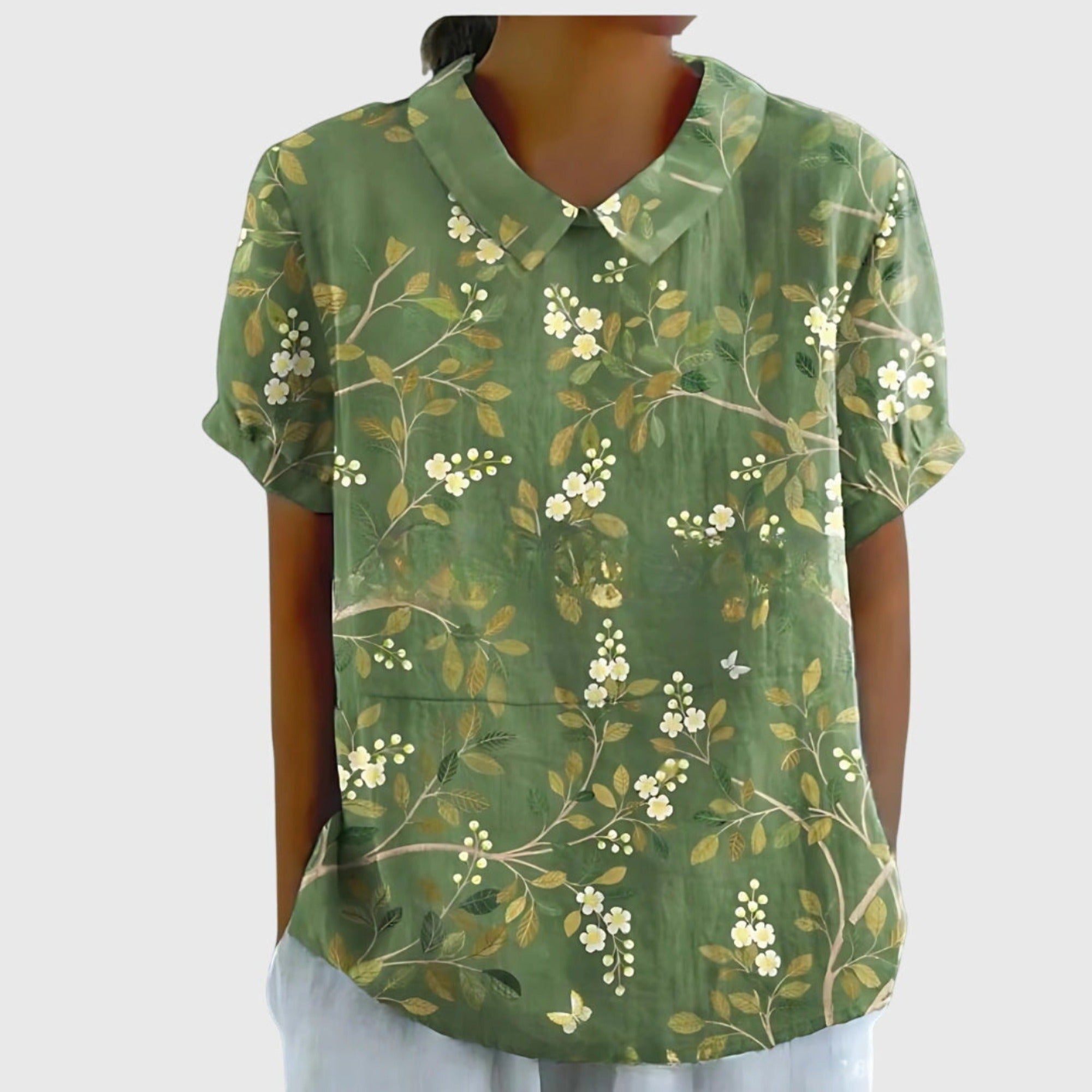 Henrietta | Women's Linen Floral Print Short Sleeve Collared Blouse - Green