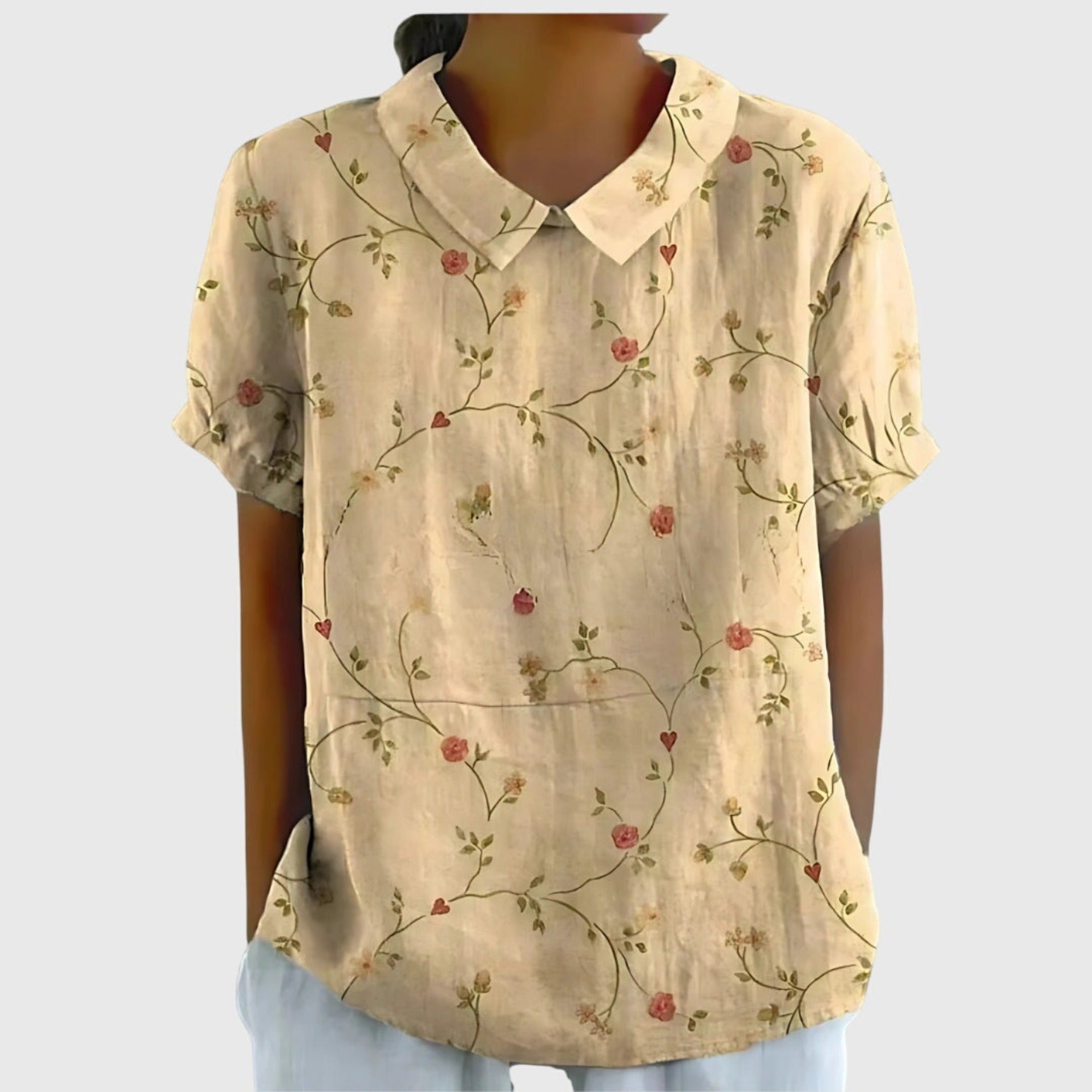 Henrietta | Women's Linen Floral Print Short Sleeve Collared Blouse - Light Yellow
