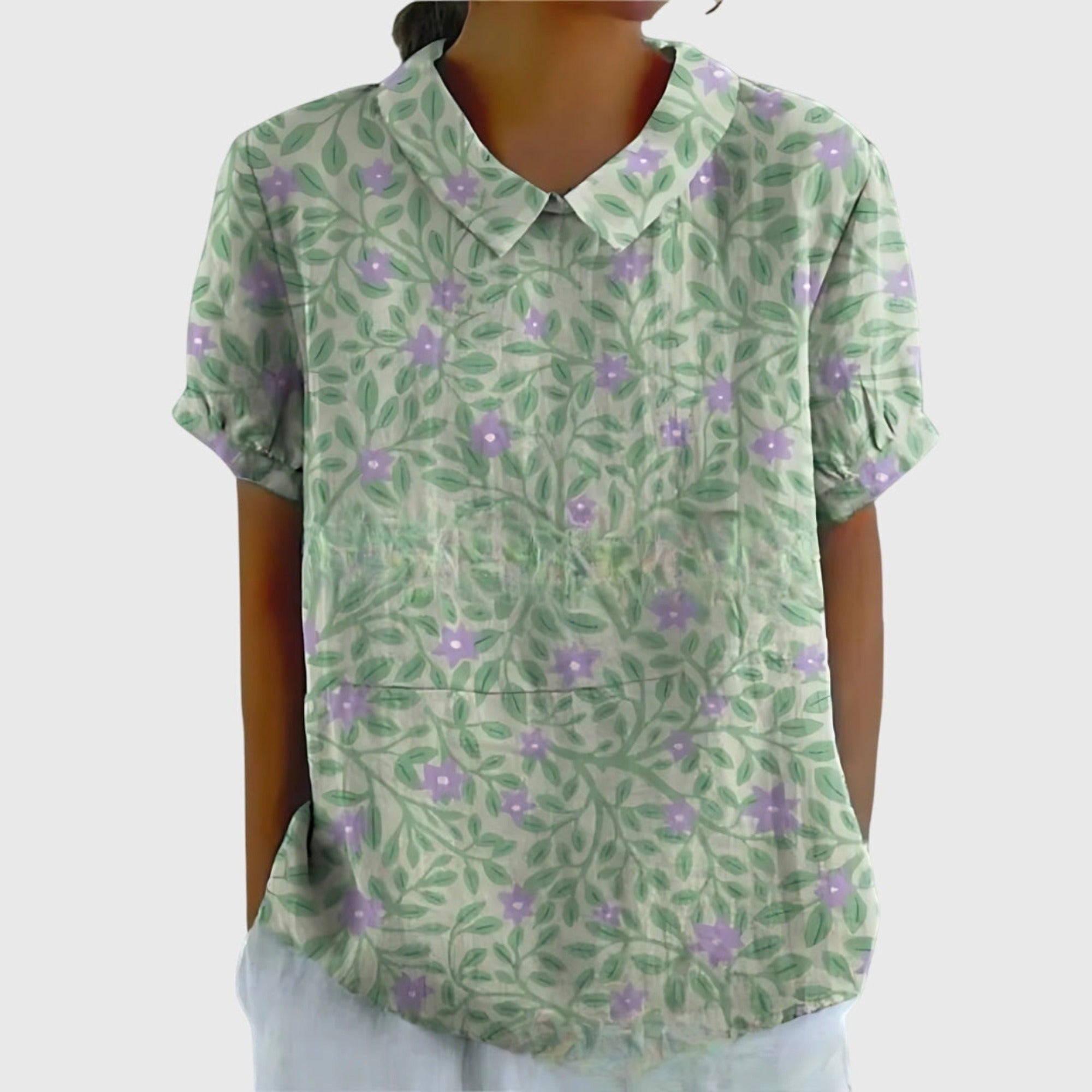 Henrietta | Women's Linen Floral Print Short Sleeve Collared Blouse - Sage Green 2