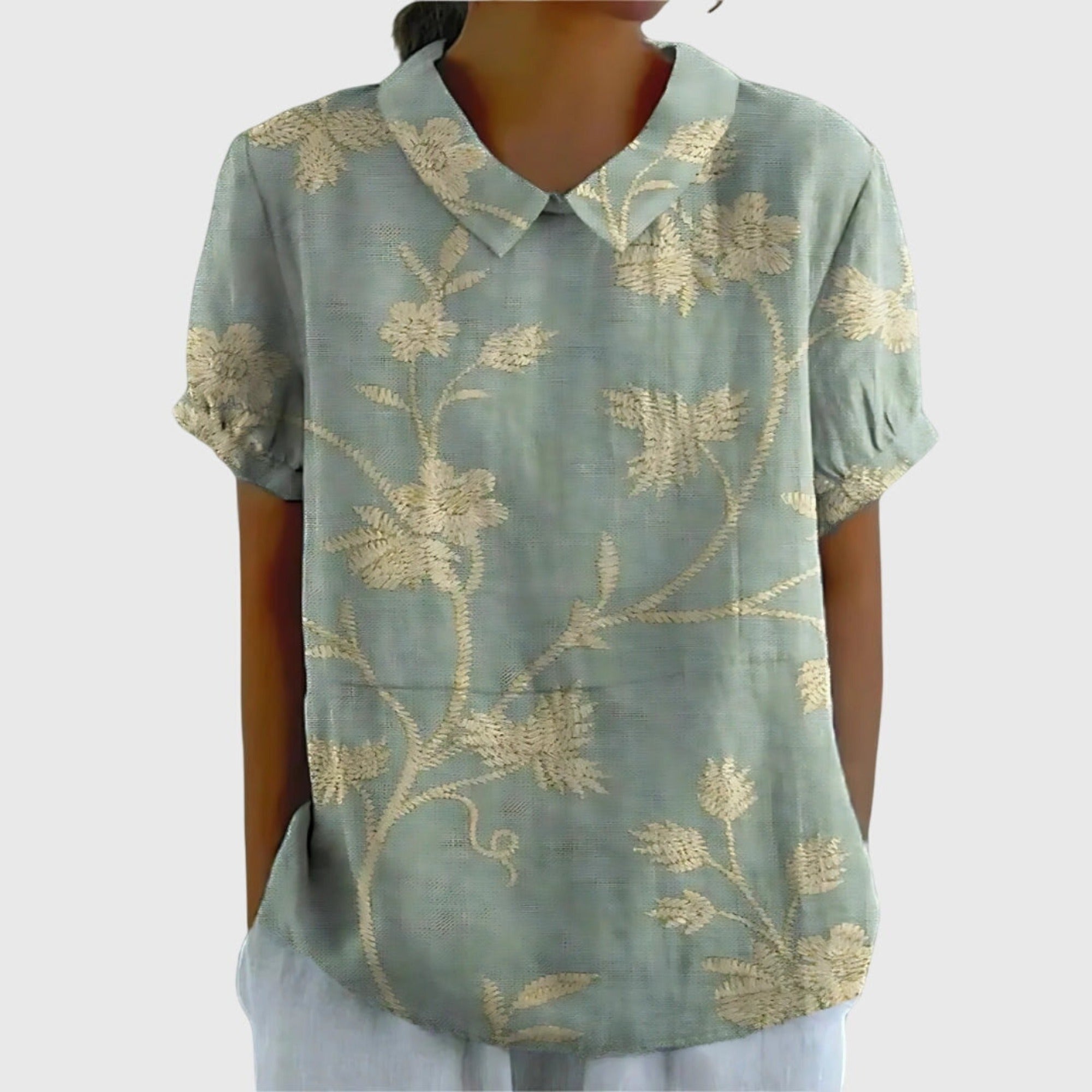 Henrietta | Women's Linen Floral Print Short Sleeve Collared Blouse - Sage Green 3