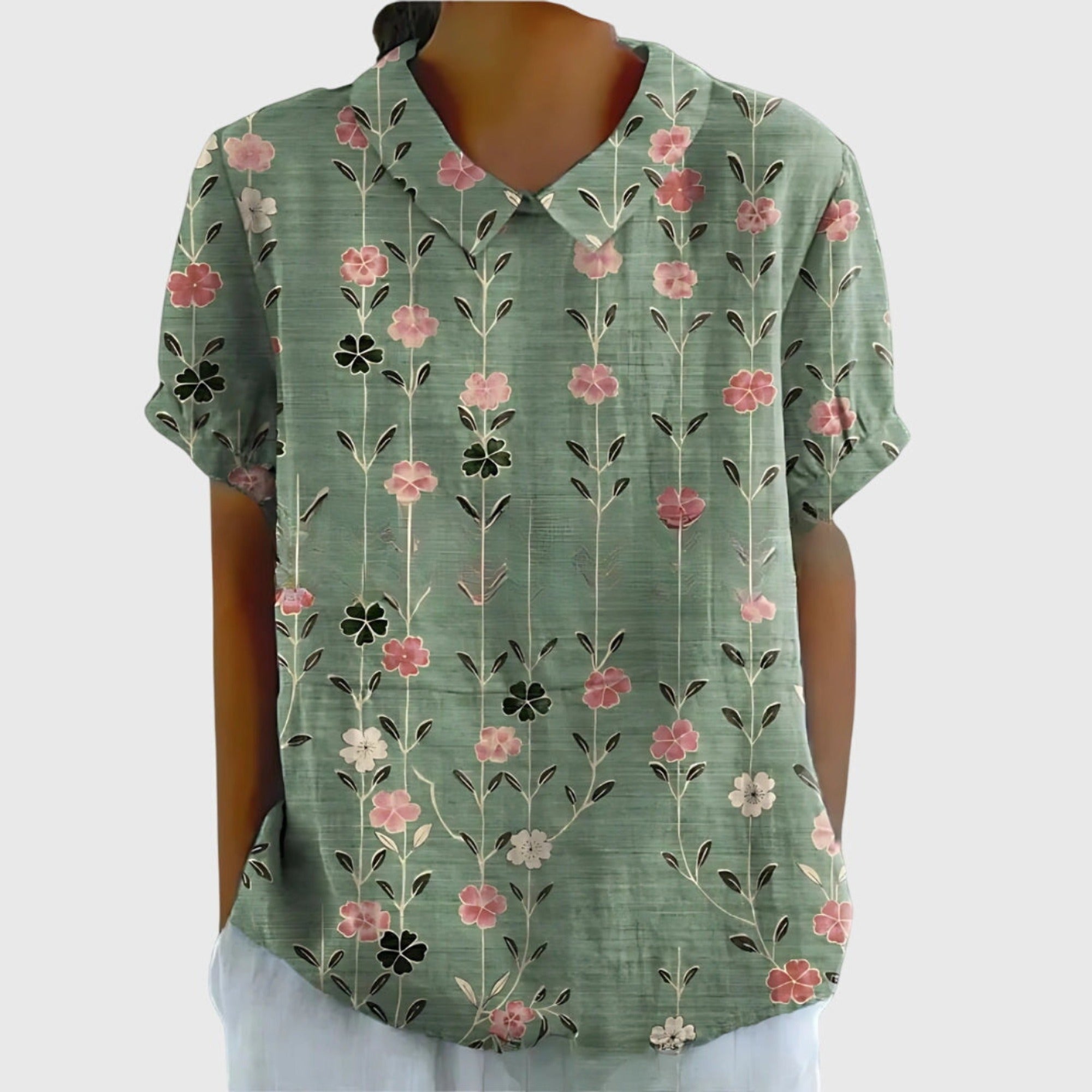 Henrietta | Women's Linen Floral Print Short Sleeve Collared Blouse - Sage Green