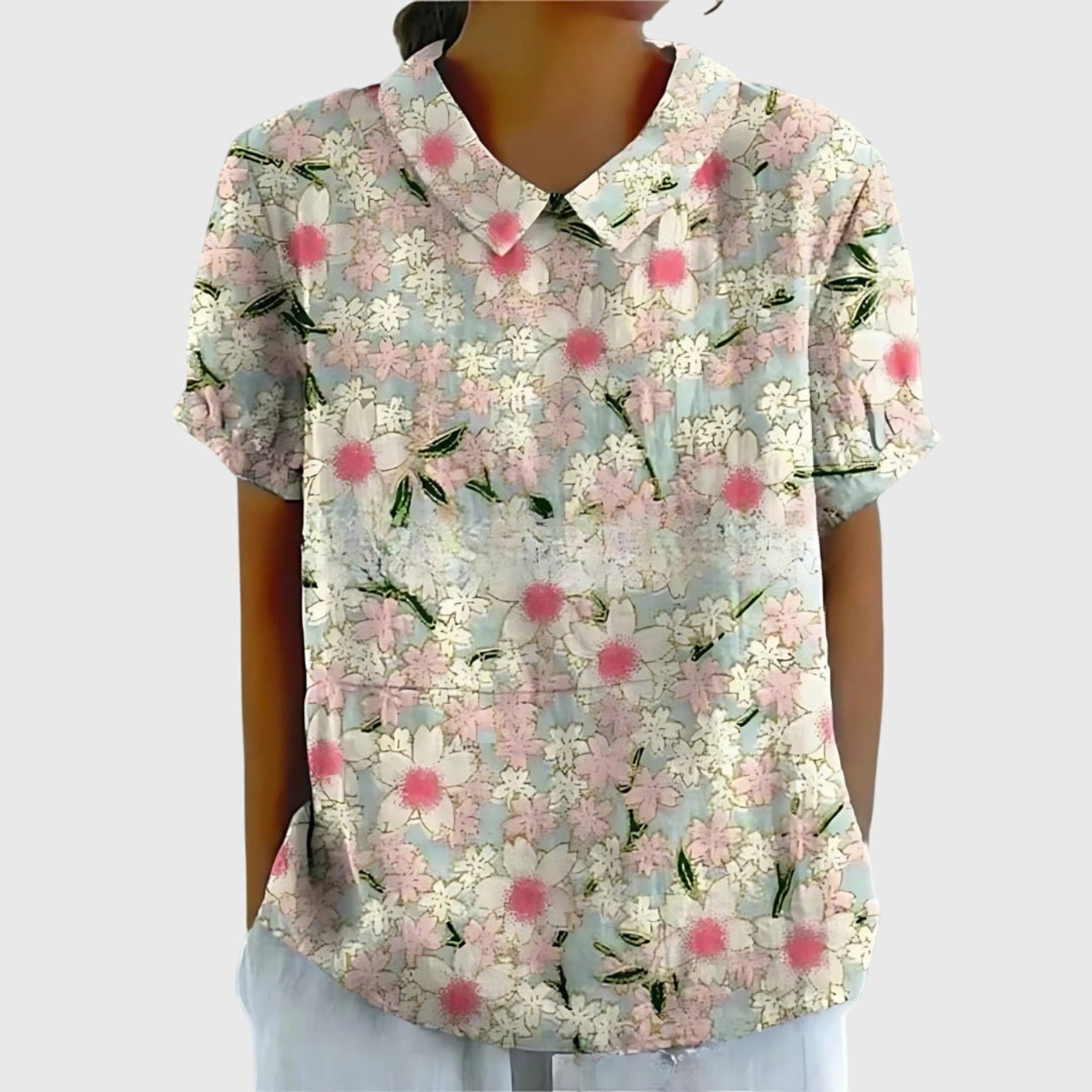 Henrietta | Women's Linen Floral Print Short Sleeve Collared Blouse - White 2