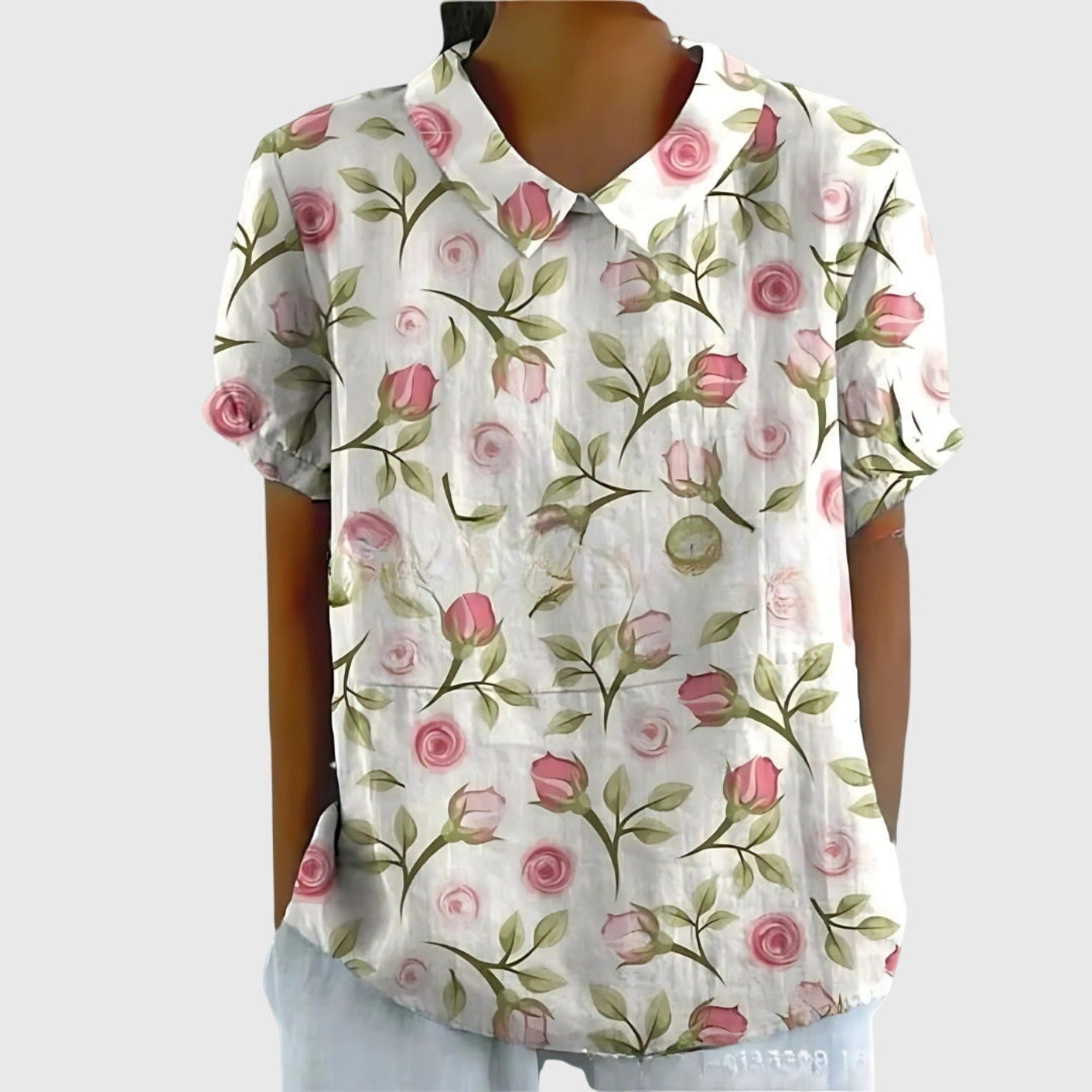Henrietta | Women's Linen Floral Print Short Sleeve Collared Blouse - White 3