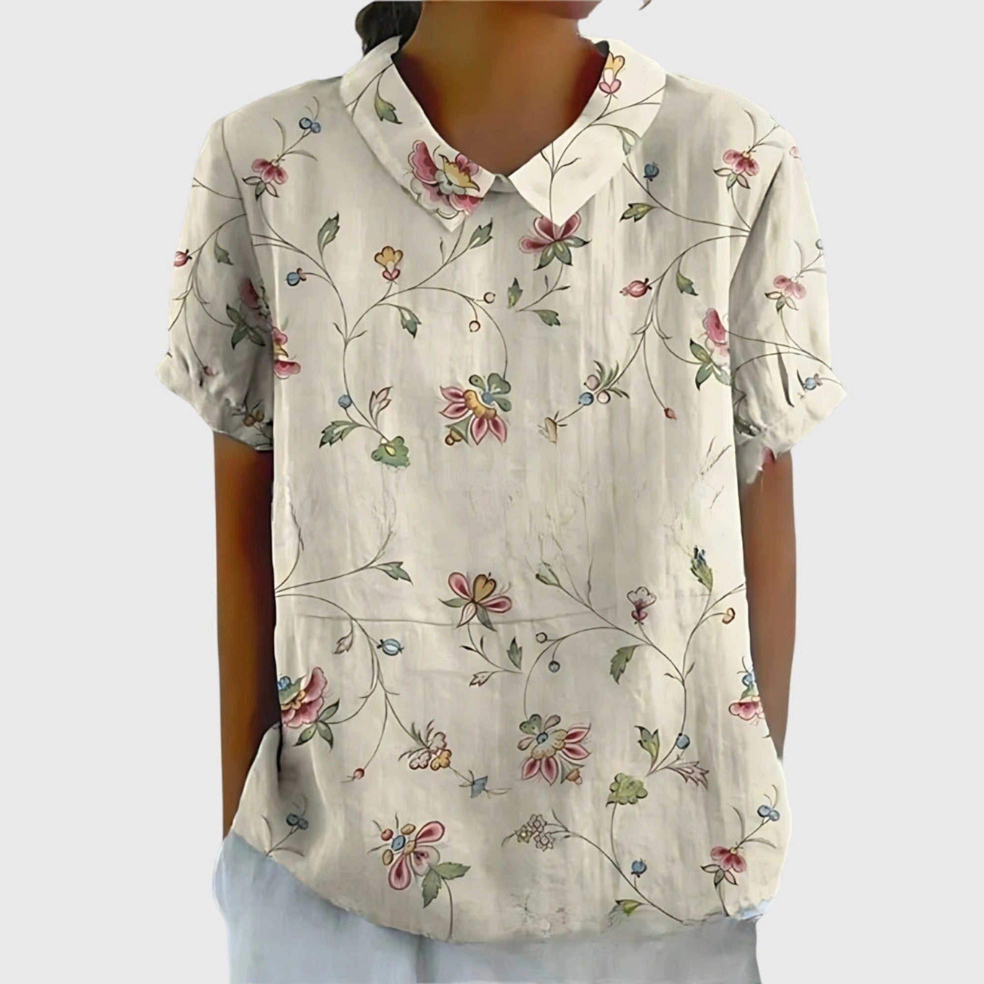 Henrietta | Women's Linen Floral Print Short Sleeve Collared Blouse - White 4