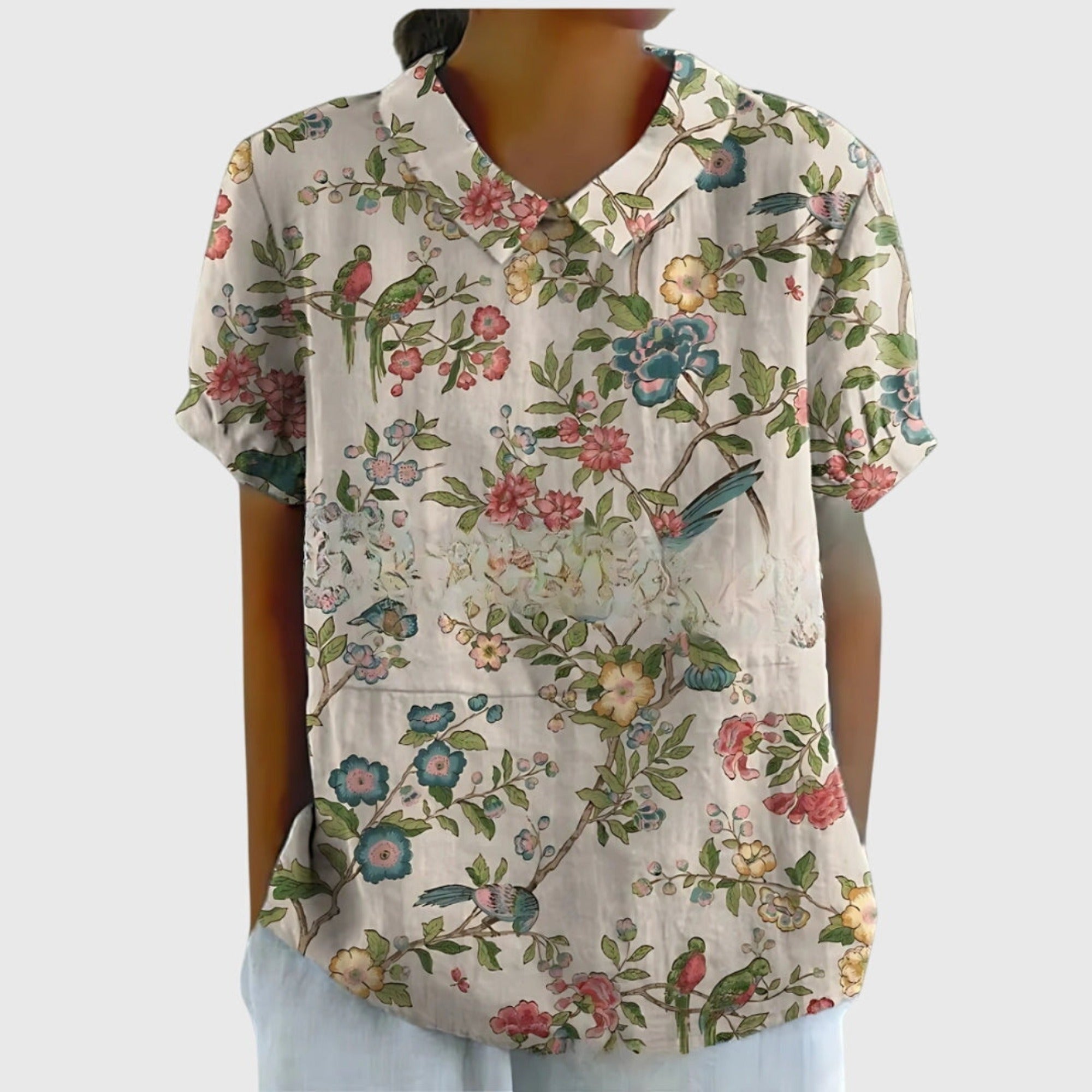 Henrietta | Women's Linen Floral Print Short Sleeve Collared Blouse - White 5