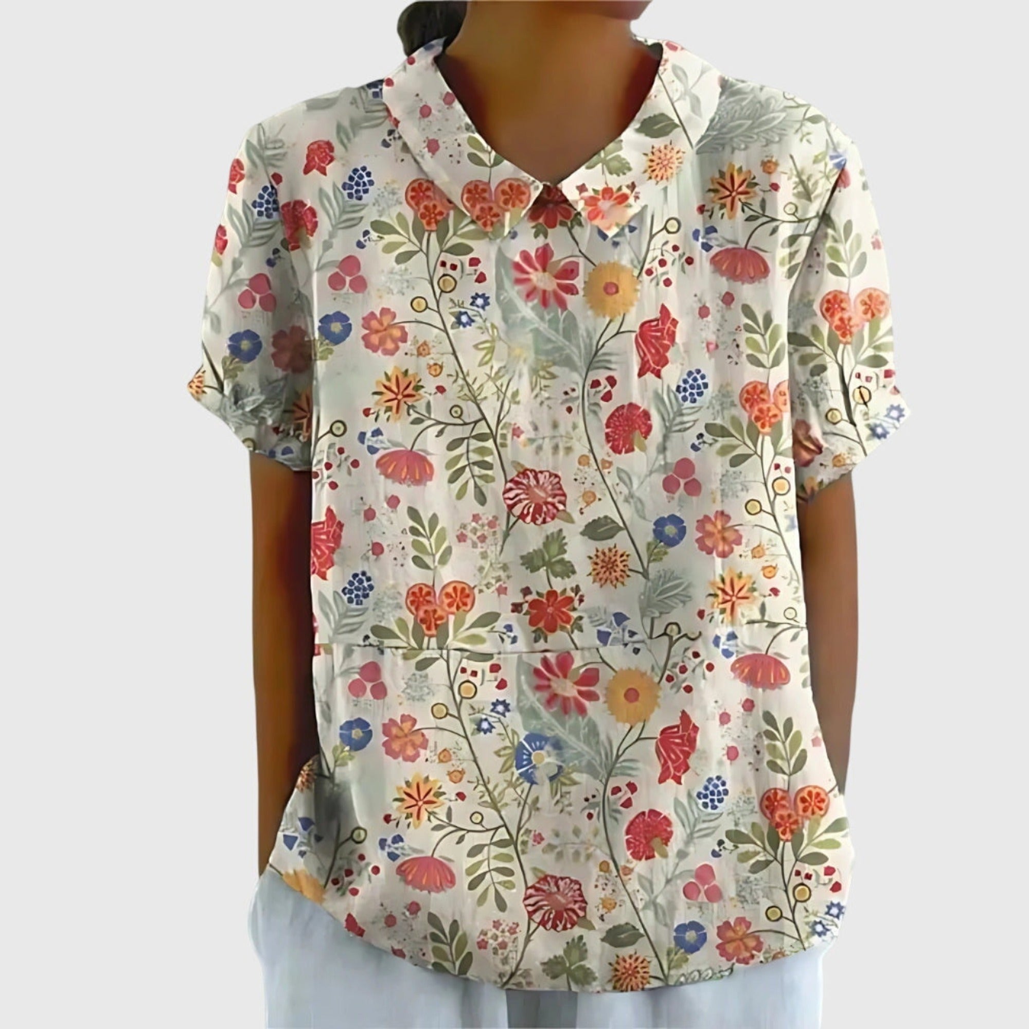Henrietta | Women's Linen Floral Print Short Sleeve Collared Blouse - White 6