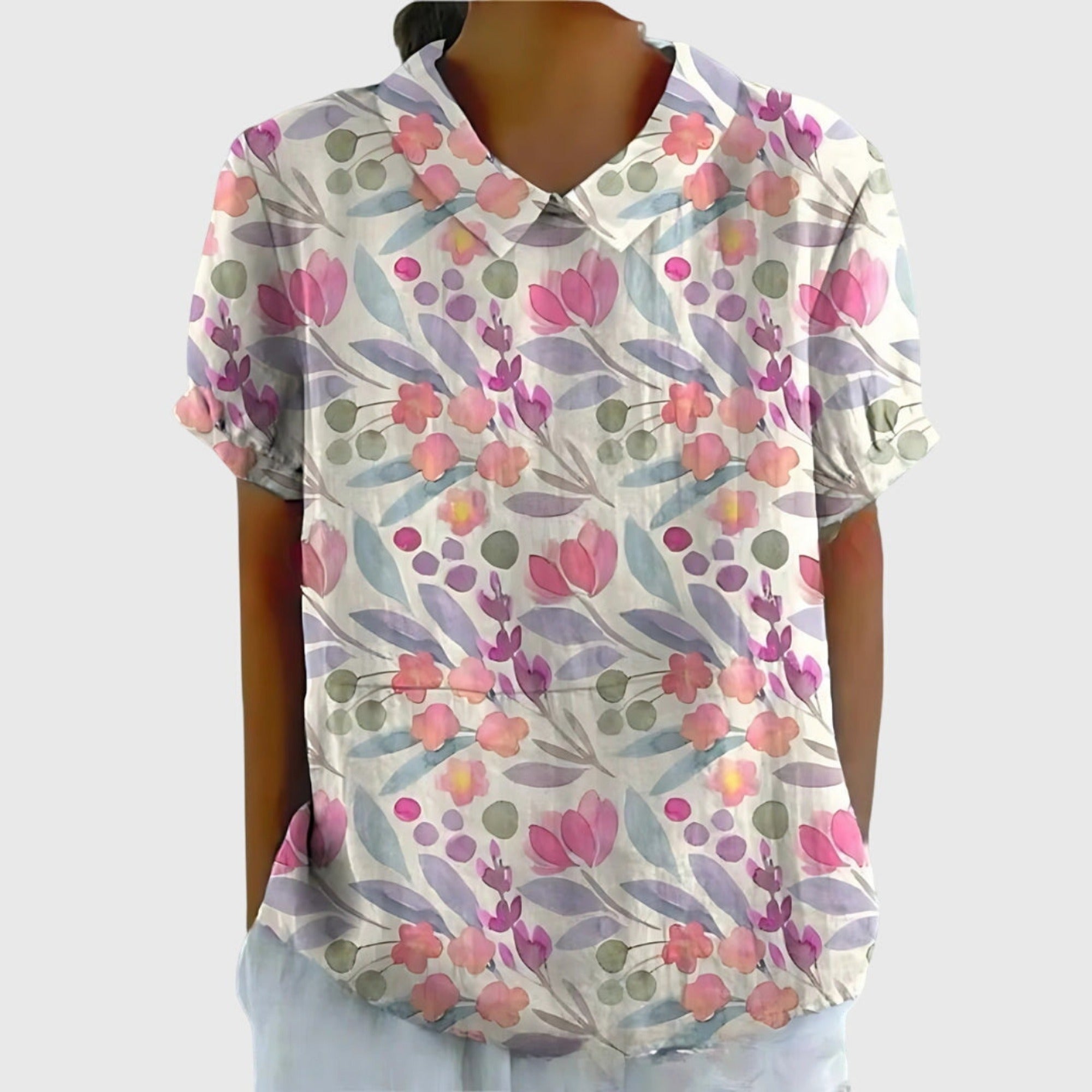 Henrietta | Women's Linen Floral Print Short Sleeve Collared Blouse - White 7