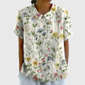 Henrietta | Women's Linen Floral Print Short Sleeve Collared Blouse - White