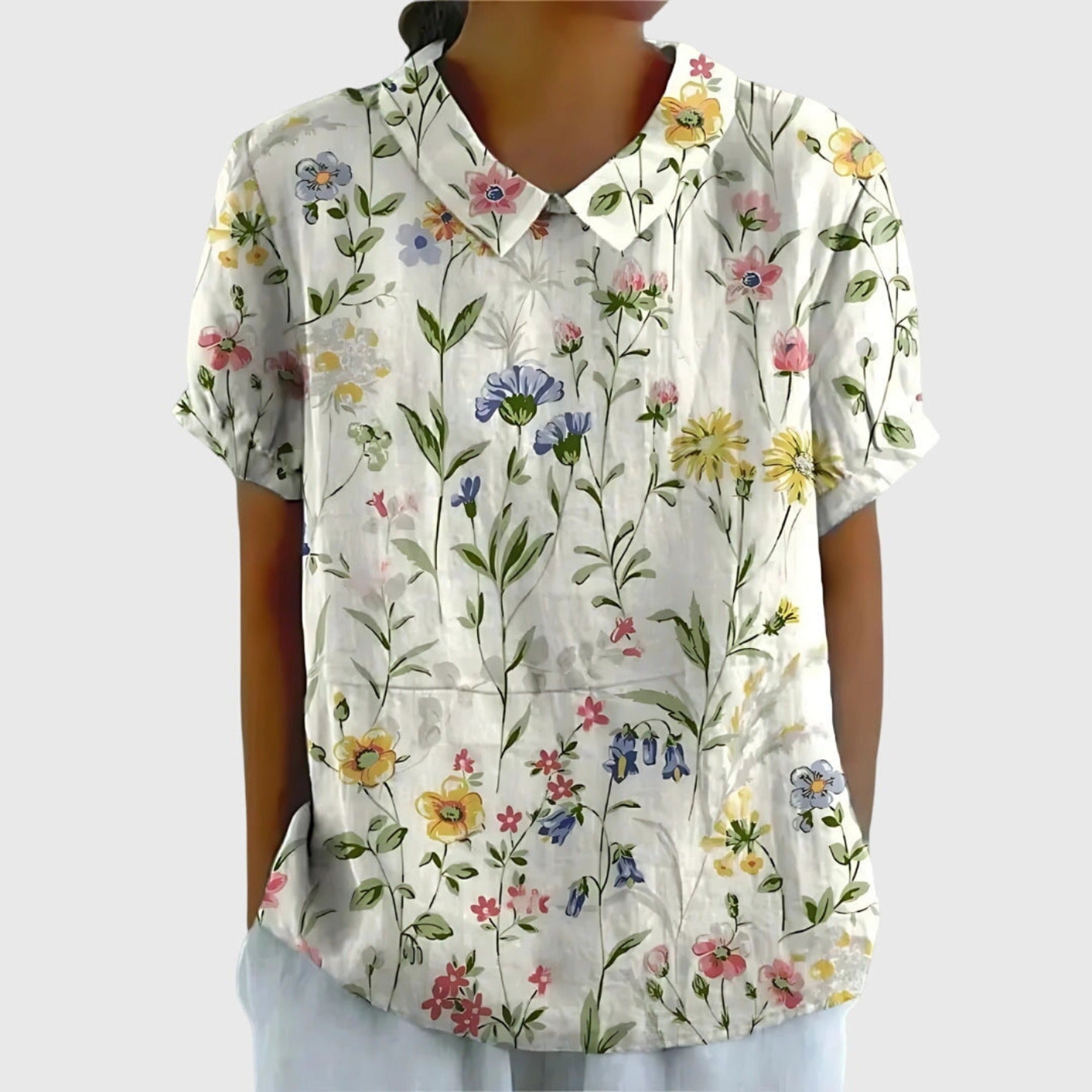 Henrietta | Women's Linen Floral Print Short Sleeve Collared Blouse - White