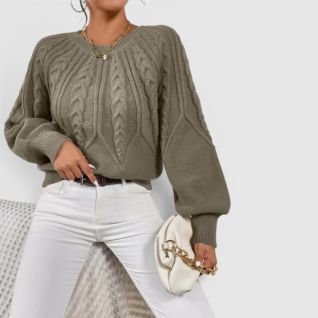 Ellmont London | Women's V-Neck Cable Knit Sweater Soft Long Sleeve Pullover