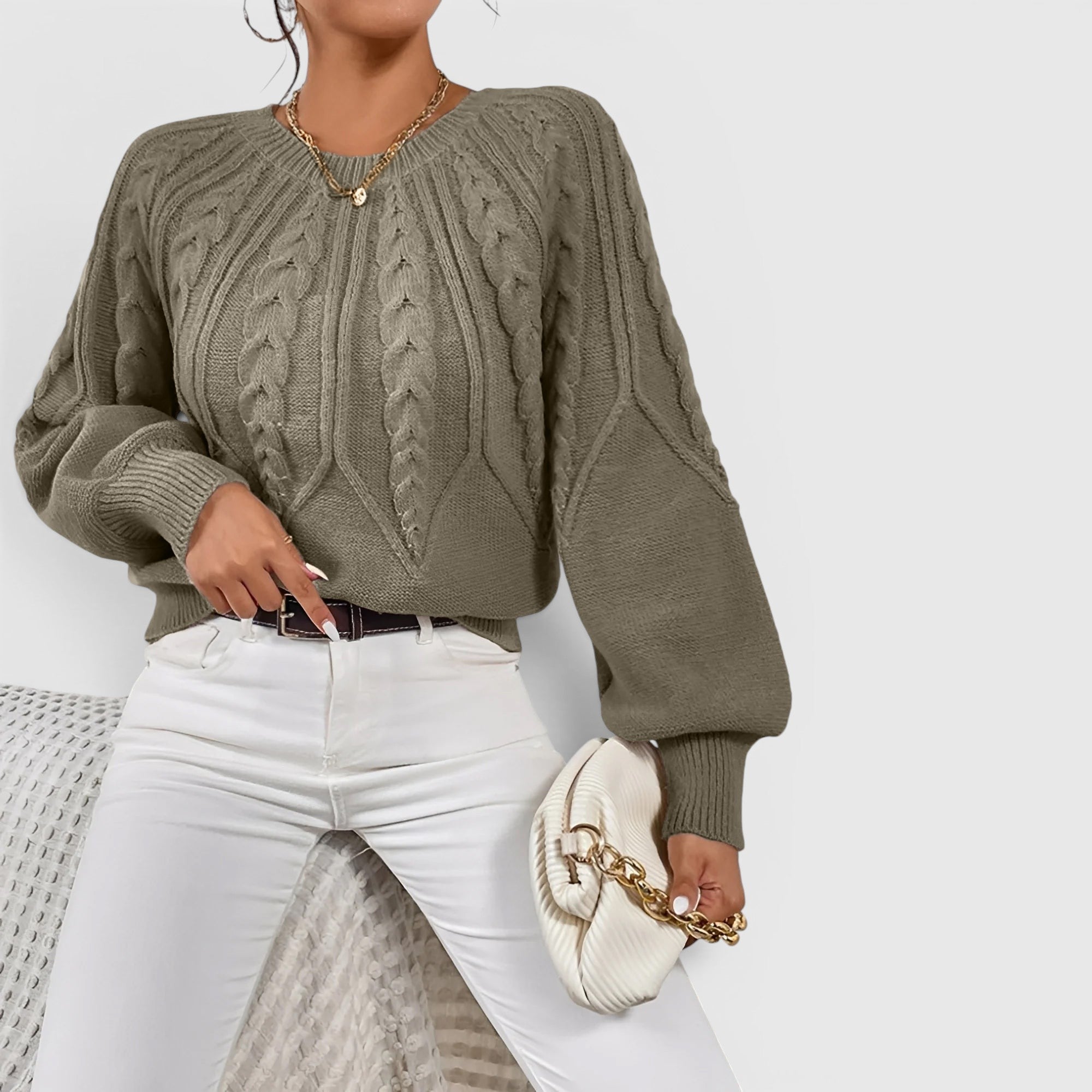 Ellmont London | Women's V-Neck Cable Knit Sweater Soft Long Sleeve Pullover