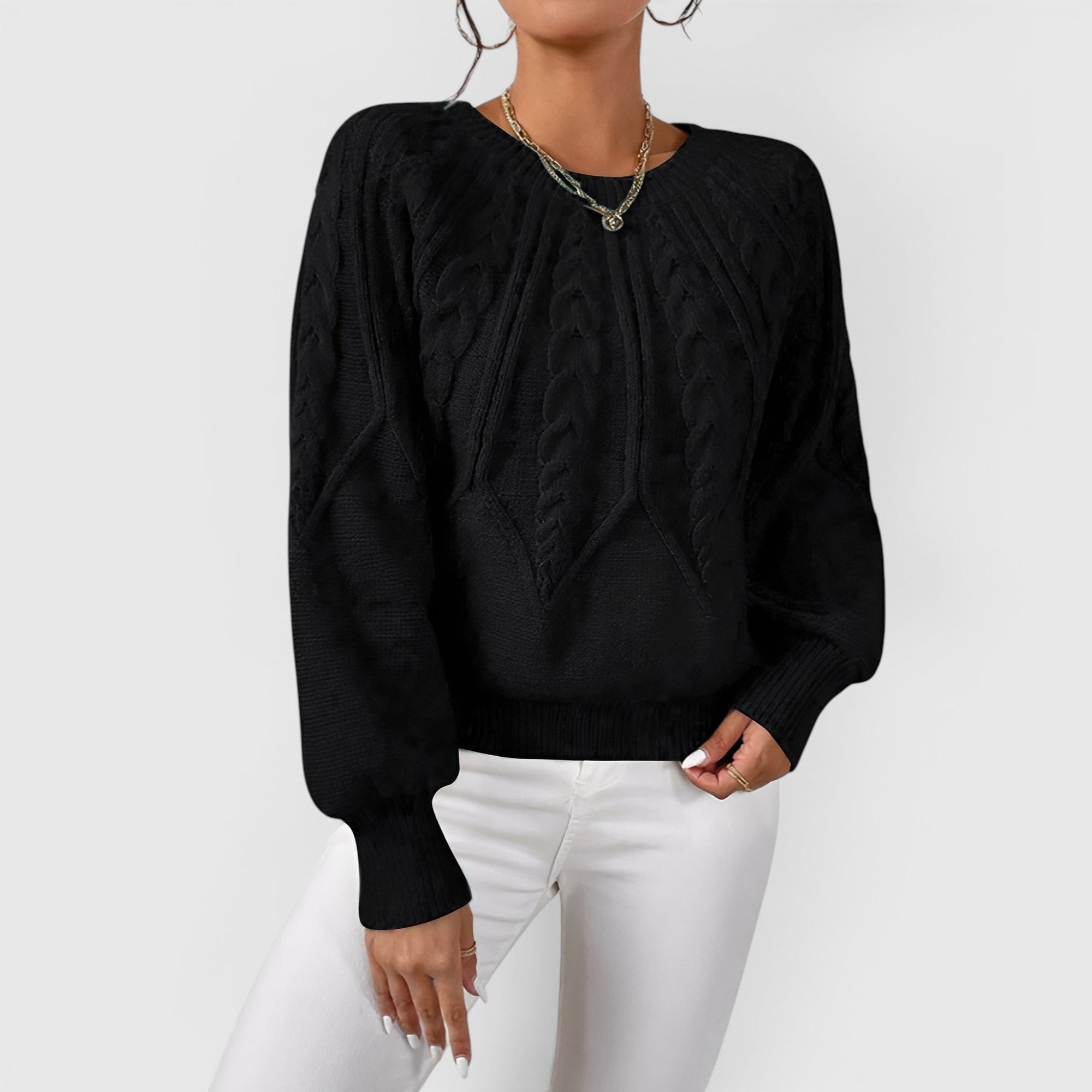 Ellmont London | Women's V-Neck Cable Knit Sweater Soft Long Sleeve Pullover